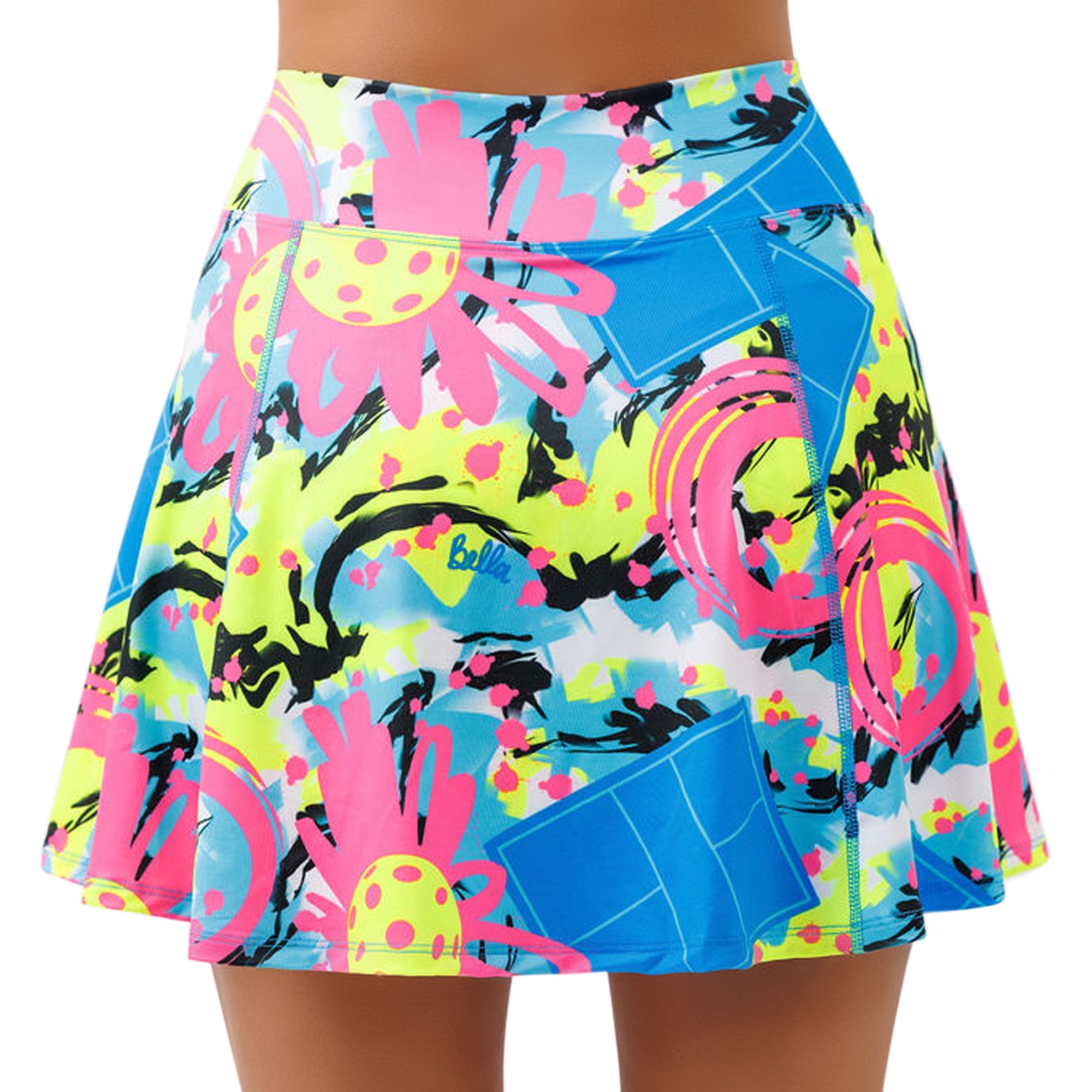 Vibrant multi-color A-line skort by Pickleball Bella, with abstract pink, yellow, and blue pickleball-themed patterns.