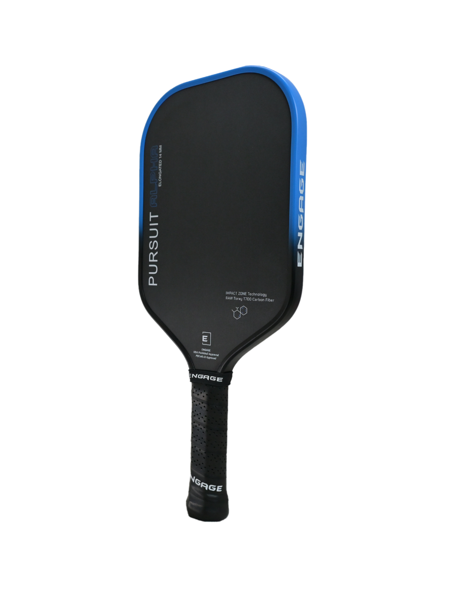 Black and blue pickleball paddle by EngagePickleball, featuring 'PURSUIT ALPHA' text and a textured black grip.
