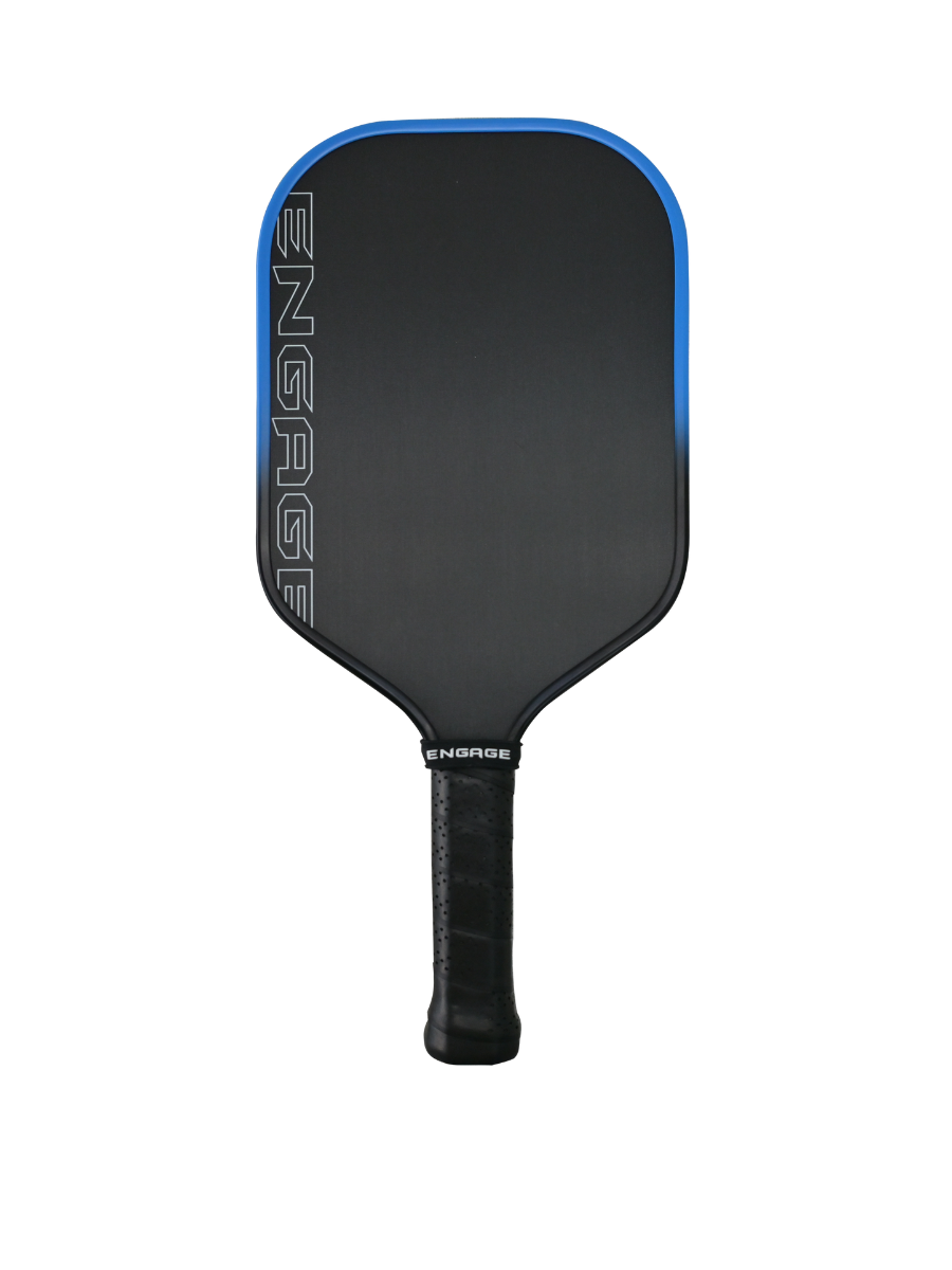 Black pickleball paddle by EngagePickleball with blue trim, 'ENGAGE' logo on side and handle, and a perforated grip.