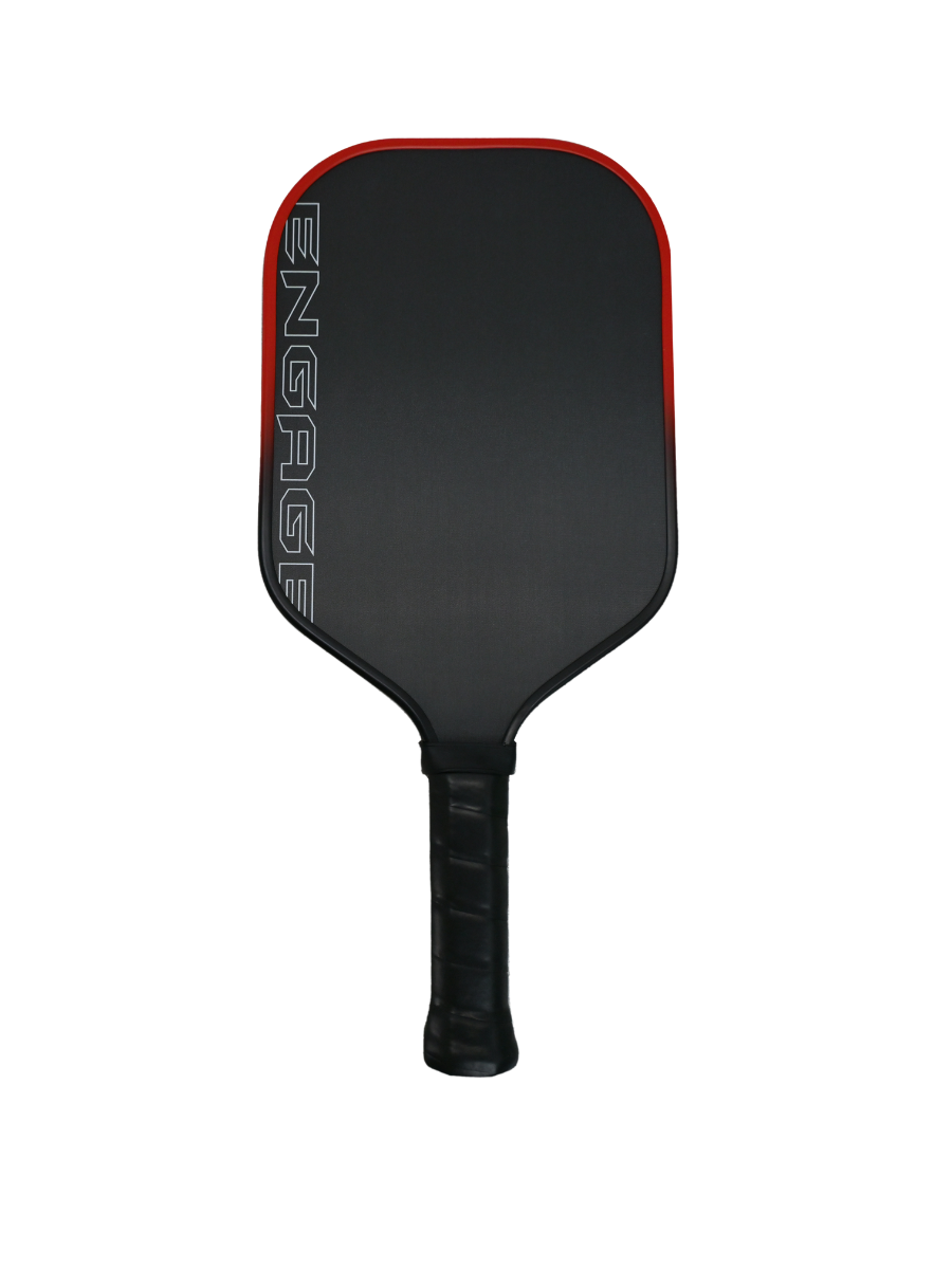 Black and red pickleball paddle by EngagePickleball, with 'ENGAGE' text and a black grip.