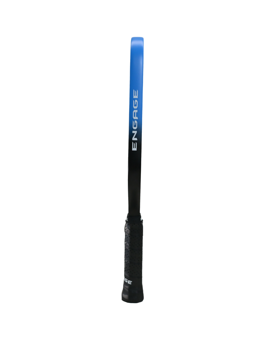 Black and blue paddle by EngagePickleball with a black textured grip and "ENGAGE" logo on the side.