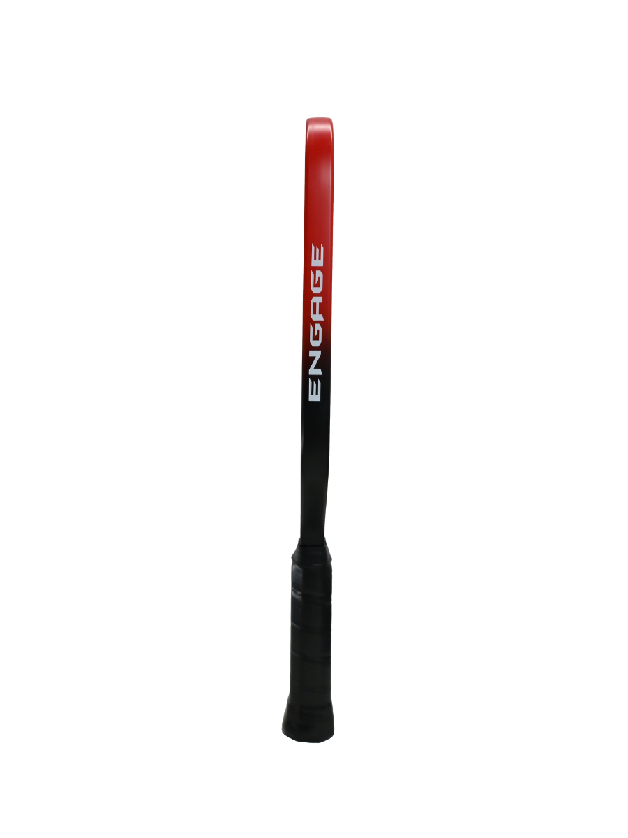 A red and black pickleball paddle by EngagePickleball, with a white 'ENGAGE' logo on the side and a black grip.