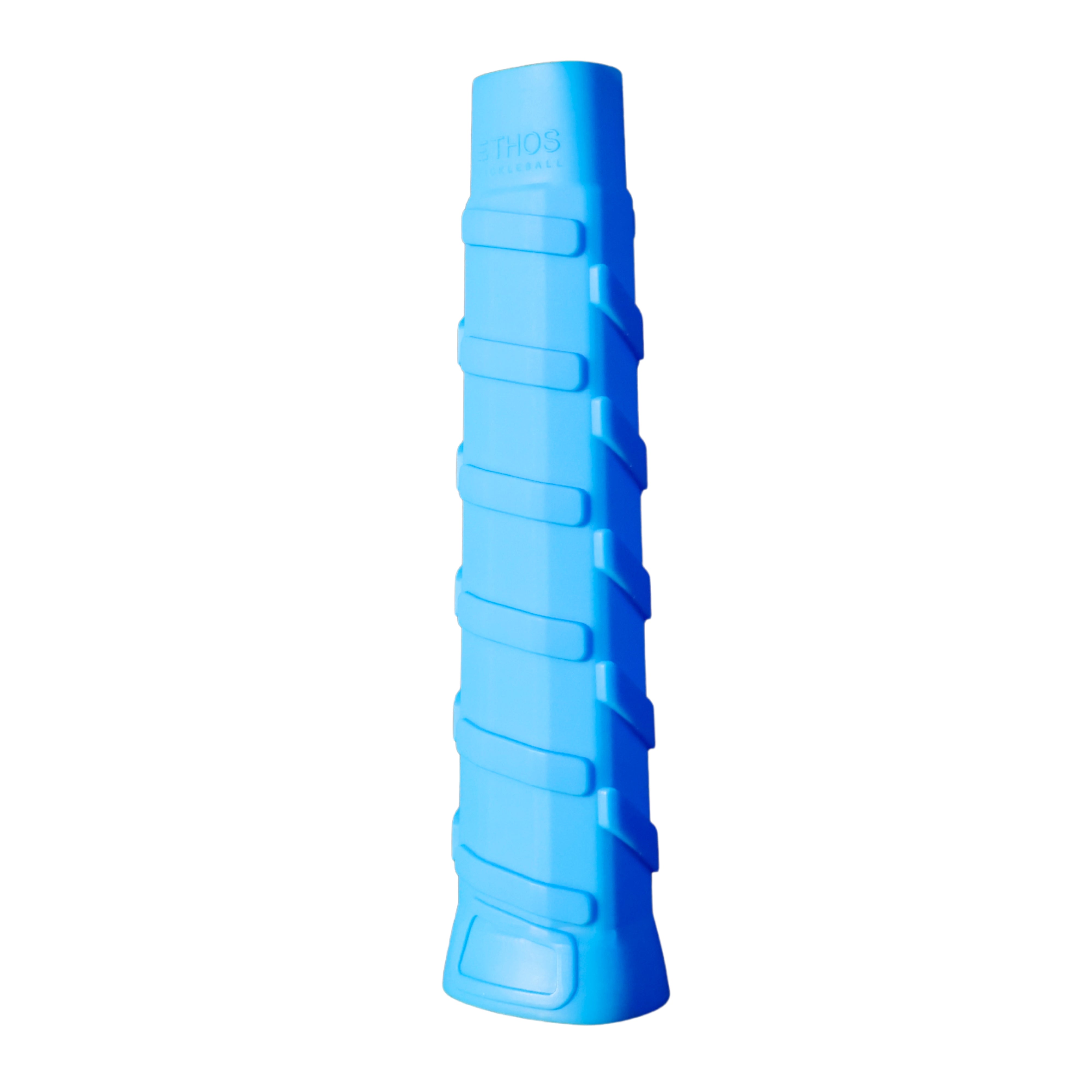 Blue paddle undergrip by Ethos Pickleball with an ergonomic ribbed texture and visible logo.