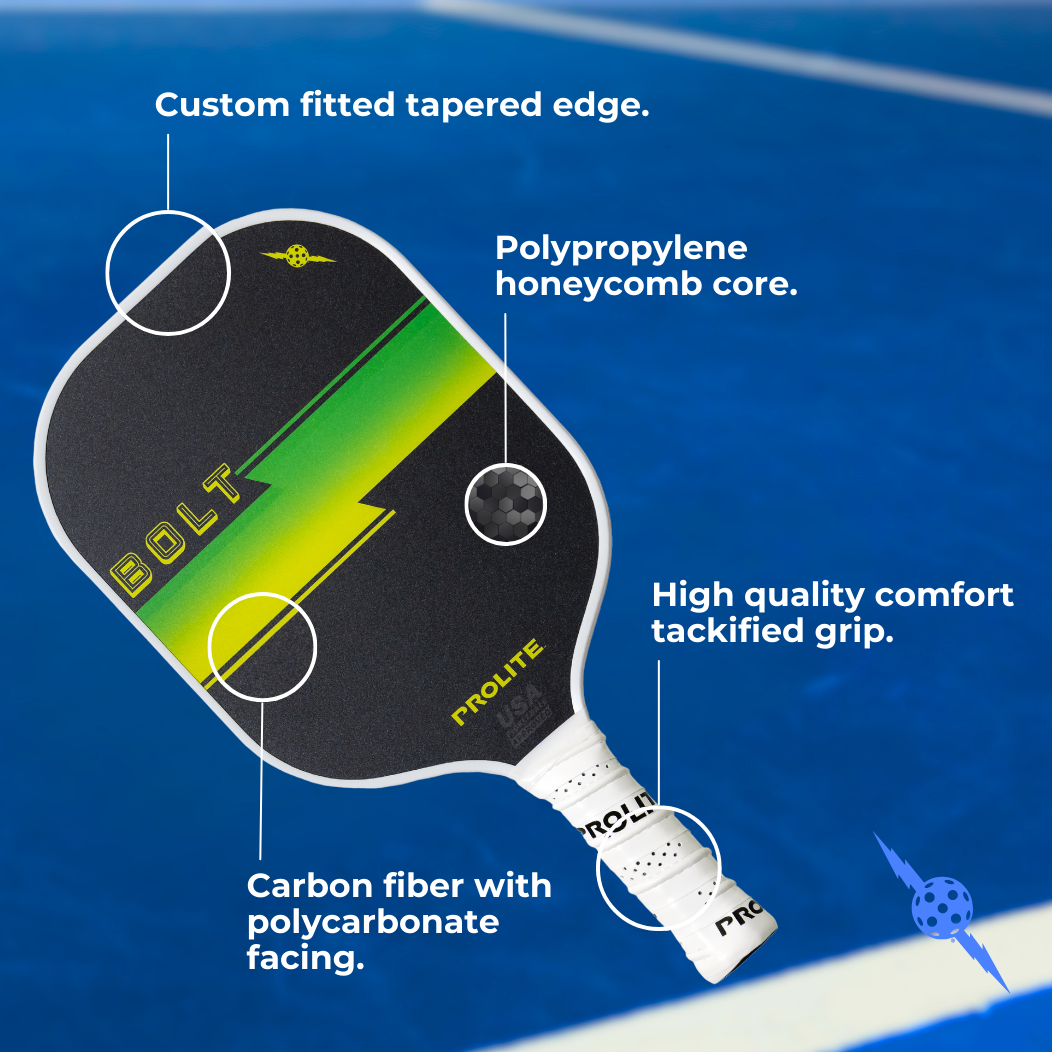 Pickleball paddle with labels pointing to the custom tapered edge, polypropylene honeycomb core, high-quality comfort tackified grip, and carbon fiber with polycarbonate facing.