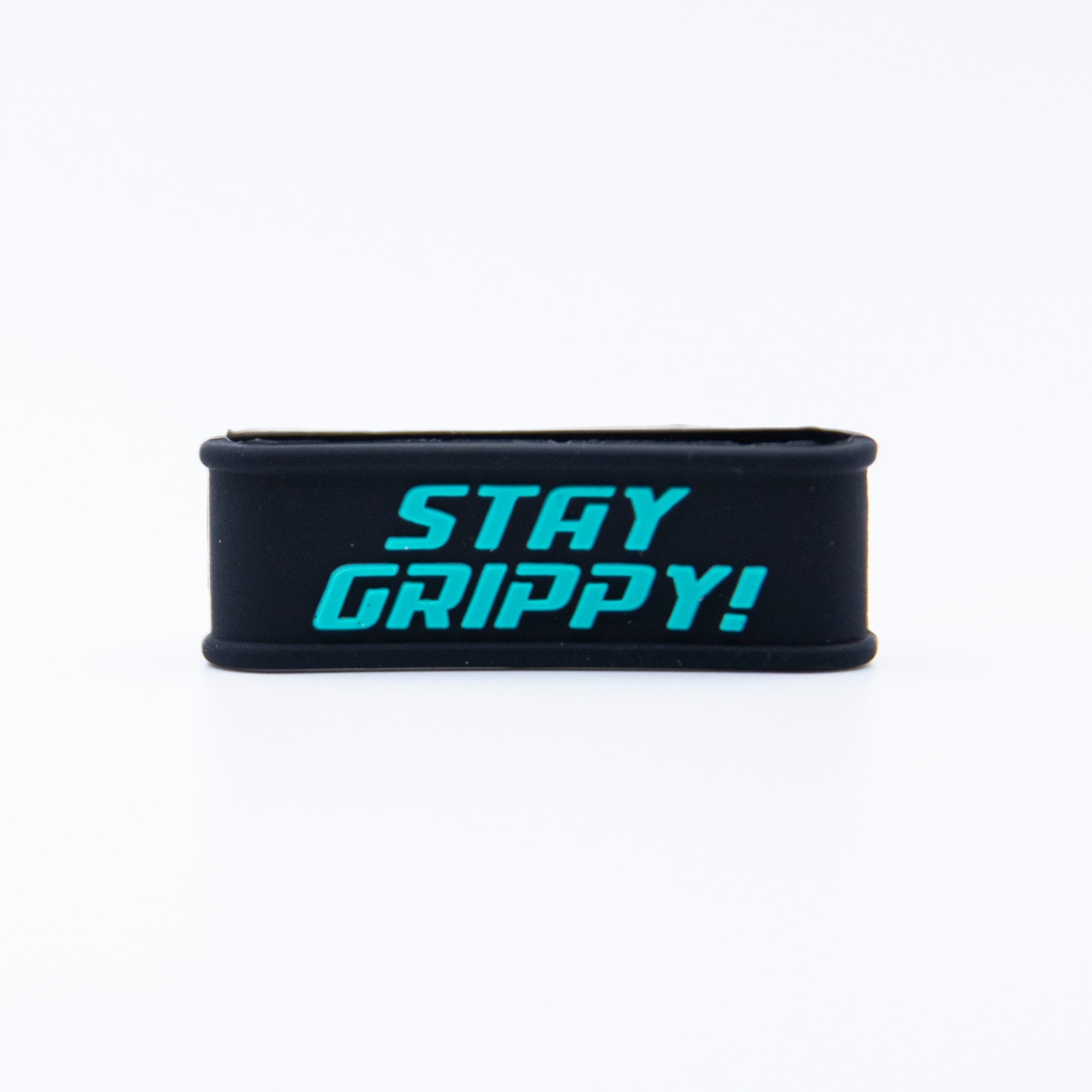 Black silicone band with "Stay Grippy!" in teal.