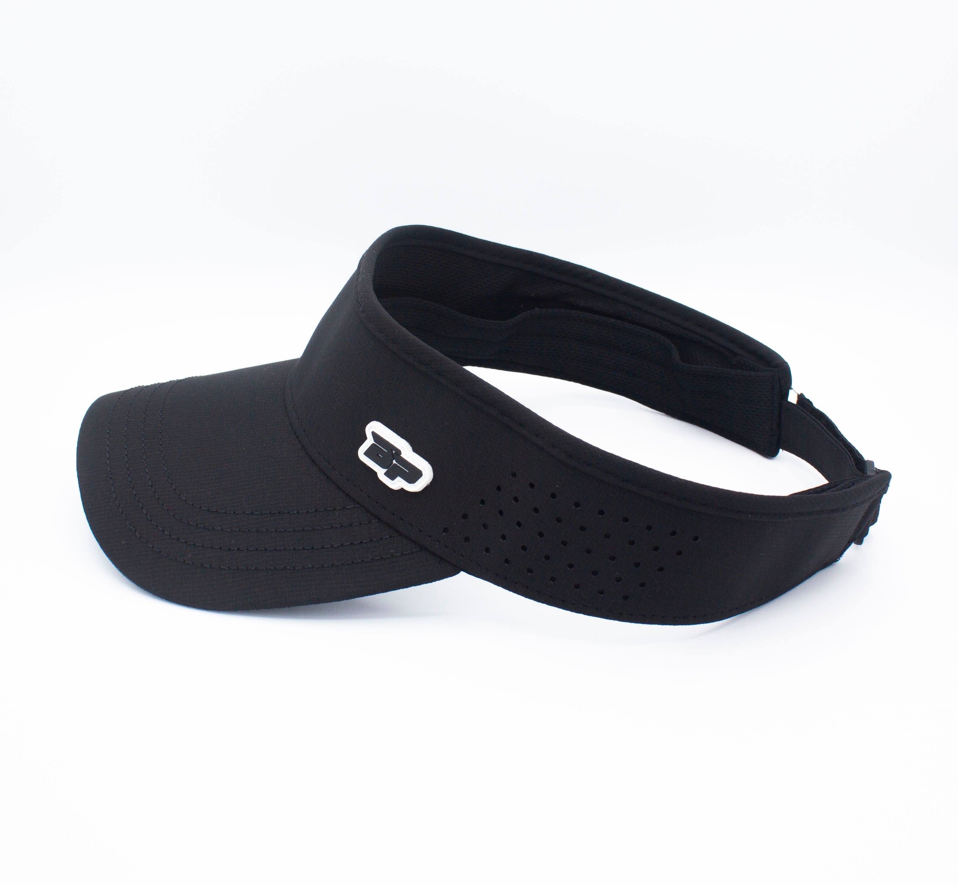 Black visor hat with white logo.