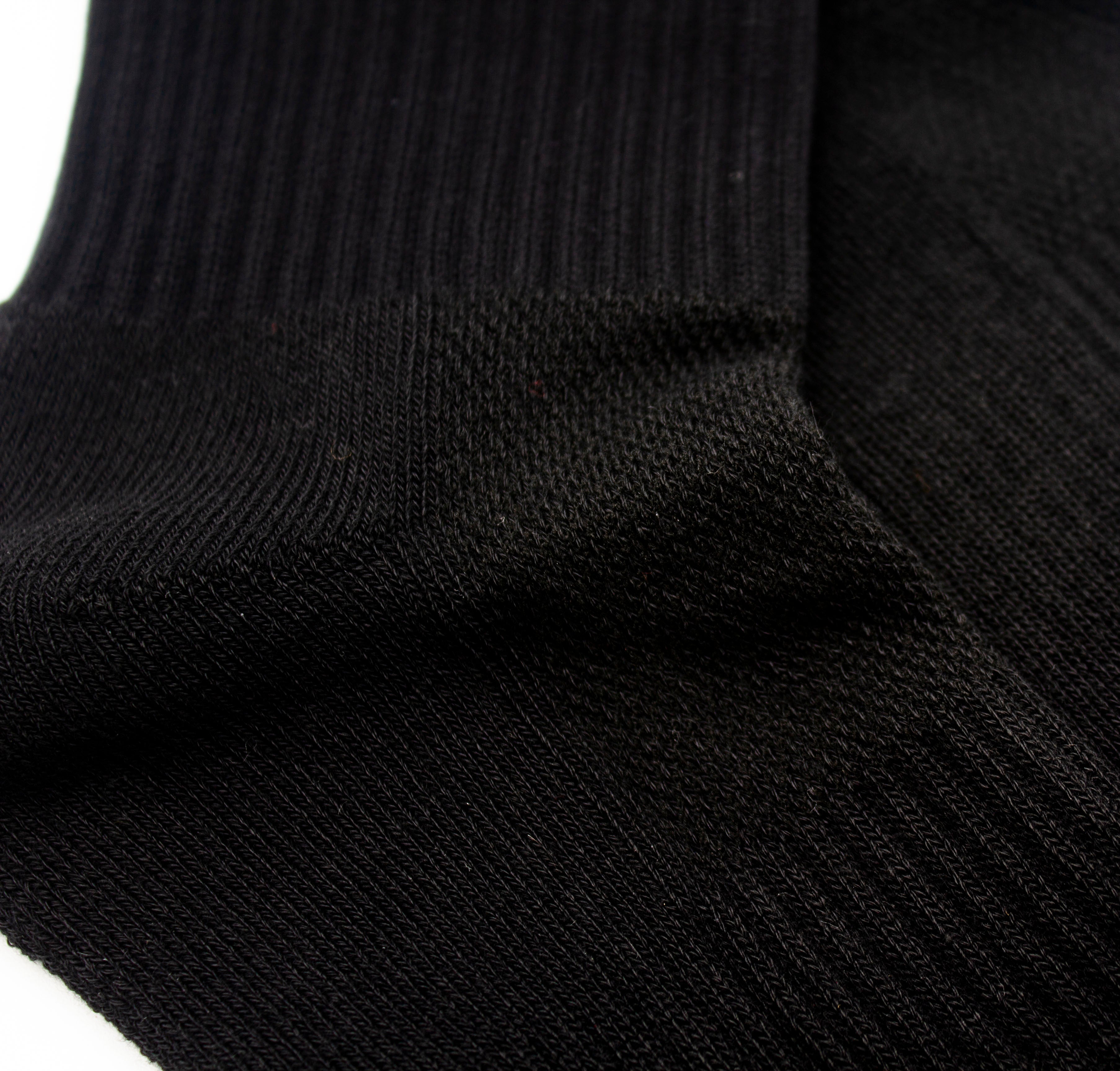Black performance socks by Bodhi Performance with a detailed ribbed knit texture.