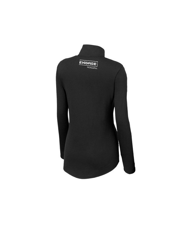 A black women's 1/4-zip pullover by EngagePickleball with a high collar and white logo on the upper back, shown from a back view.