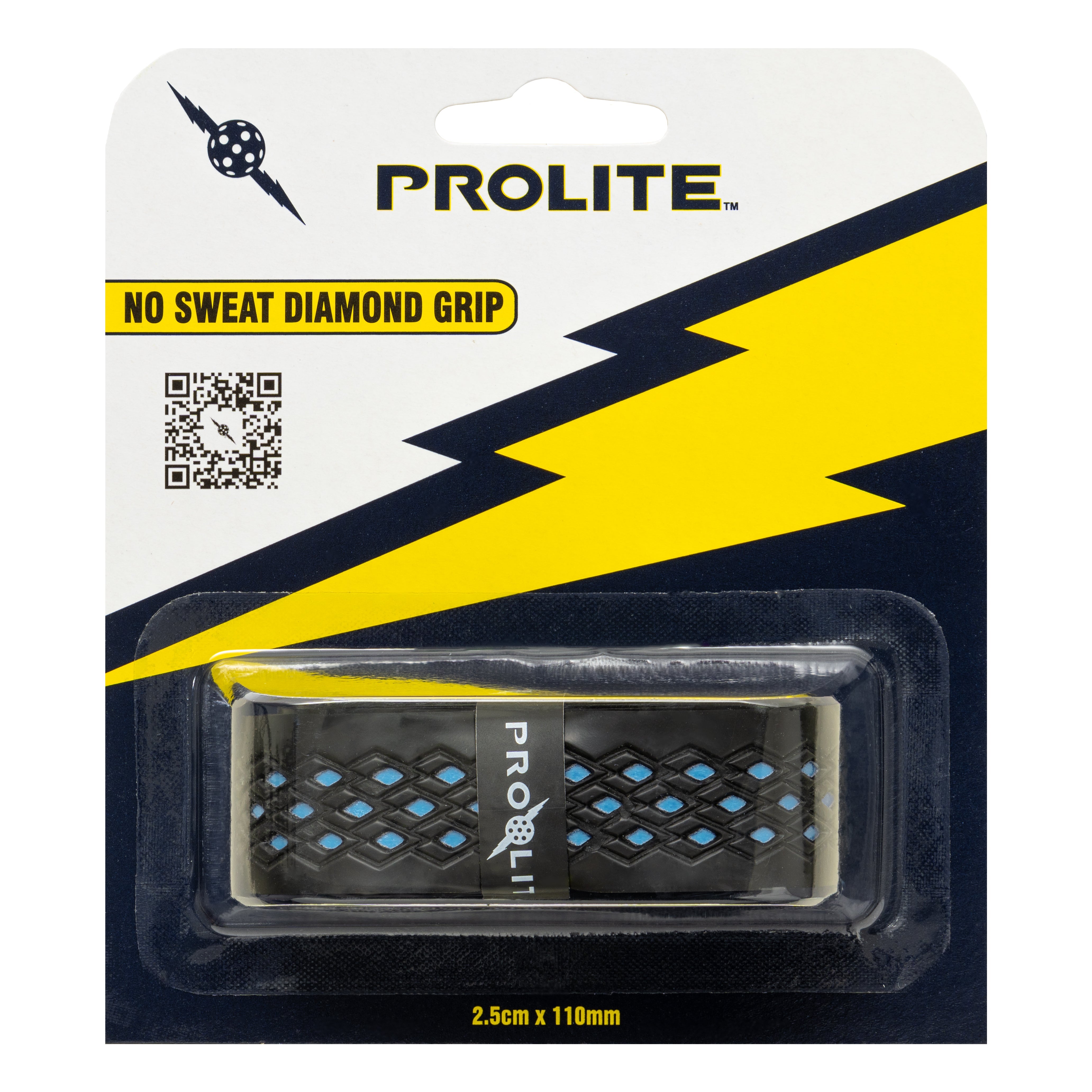 Black Prolite grip with blue diamond pattern in packaging.