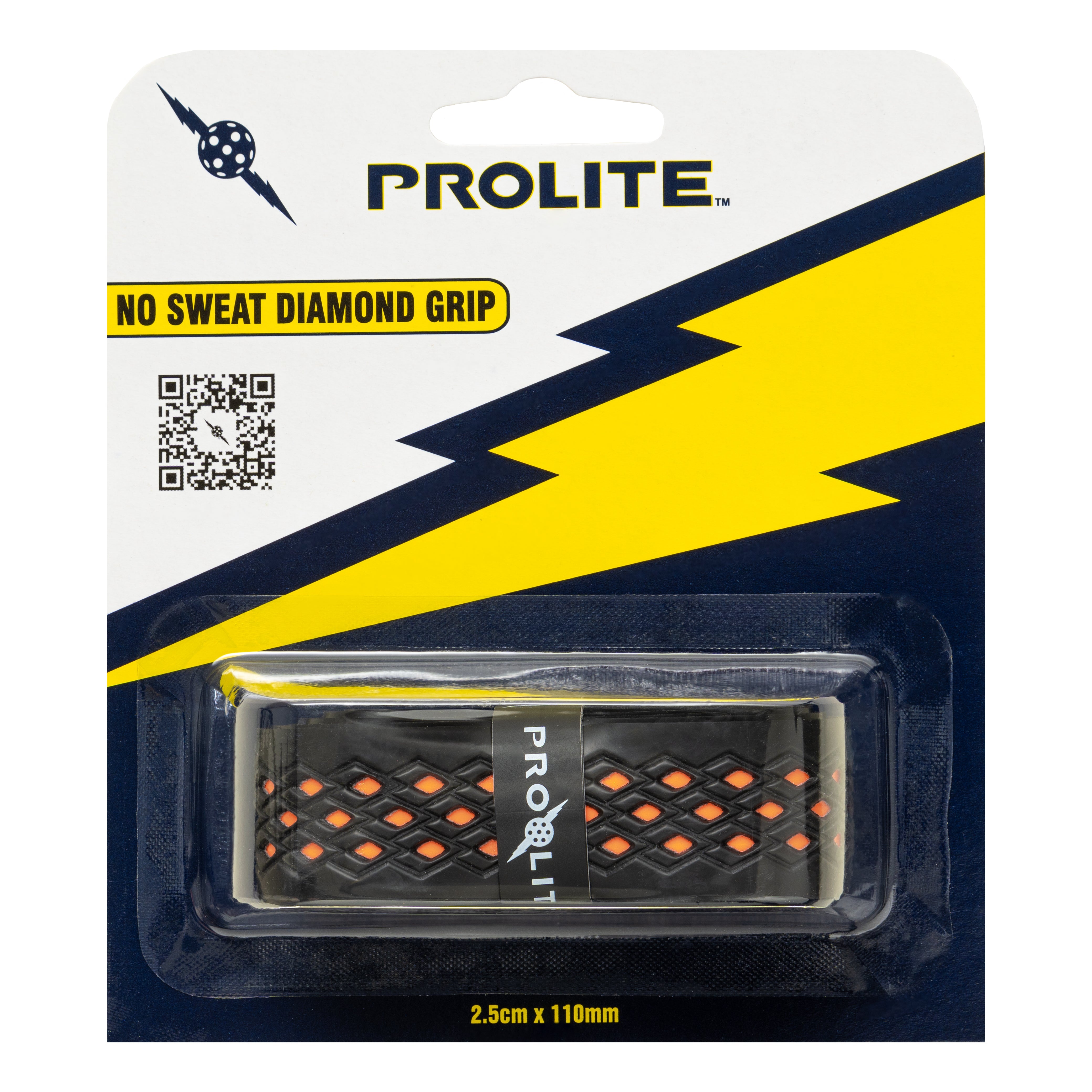 Pro-Lite No Sweat Diamond Grip for racquets, black with orange diamonds, in package.
