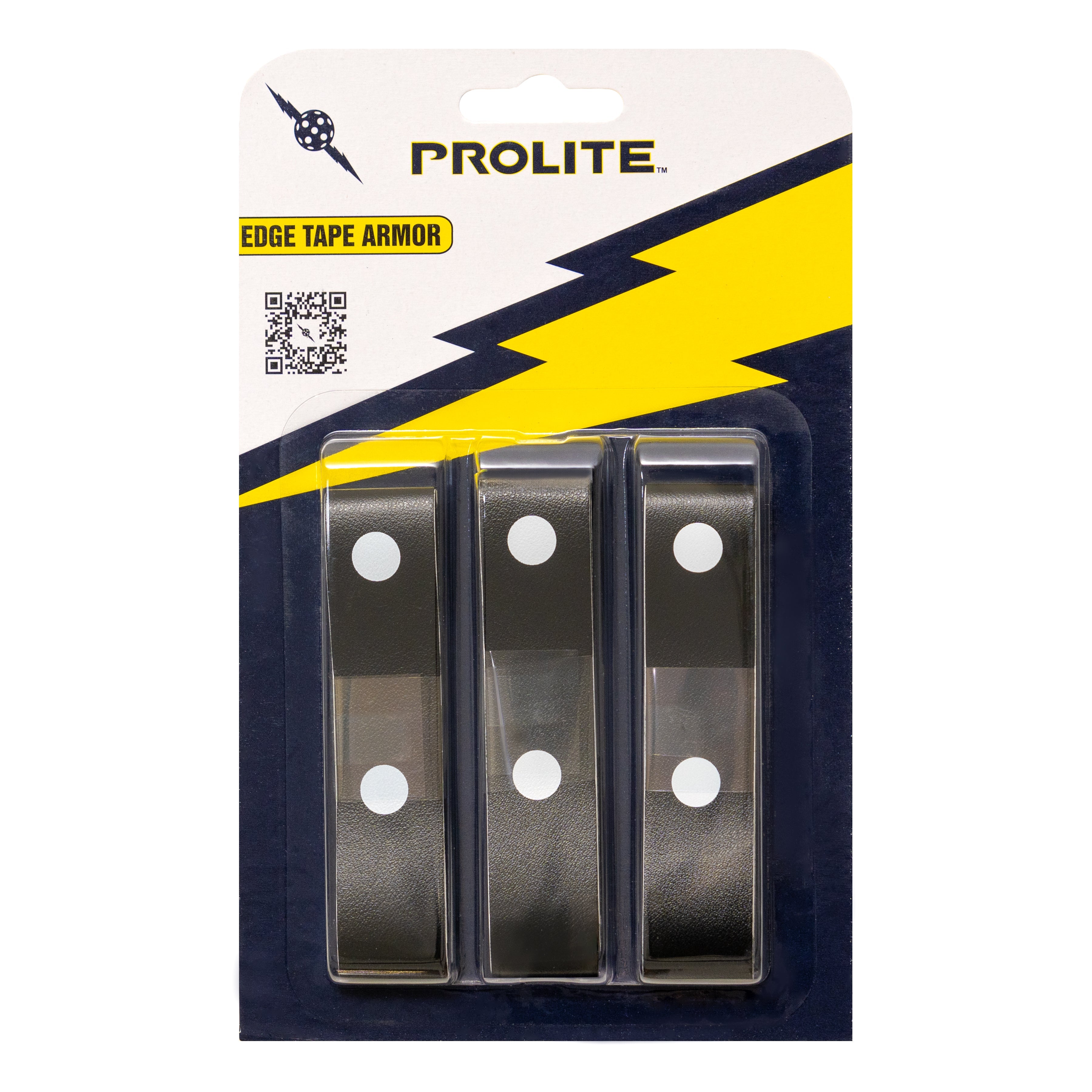 Pro-Lite Edge Tape Armor, packaged. 3 black tape strips. White dots on the tape. Yellow and black packaging.