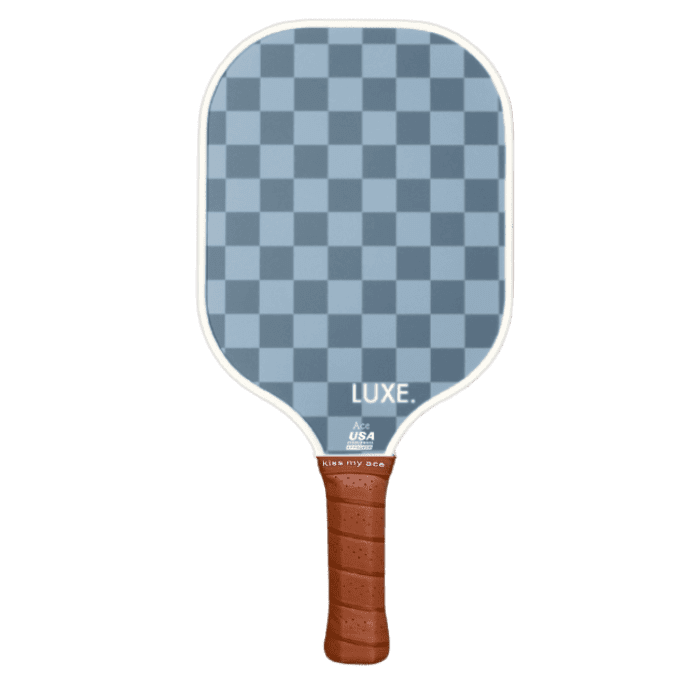 Pickleball paddle with checkered pattern and brown handle.