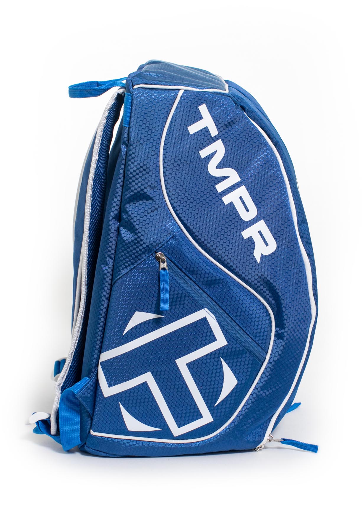 Blue sports backpack by TMPR Sports with hexagonal texture, white trim, and large white TMPR text and stylized 'T' logo from the side.