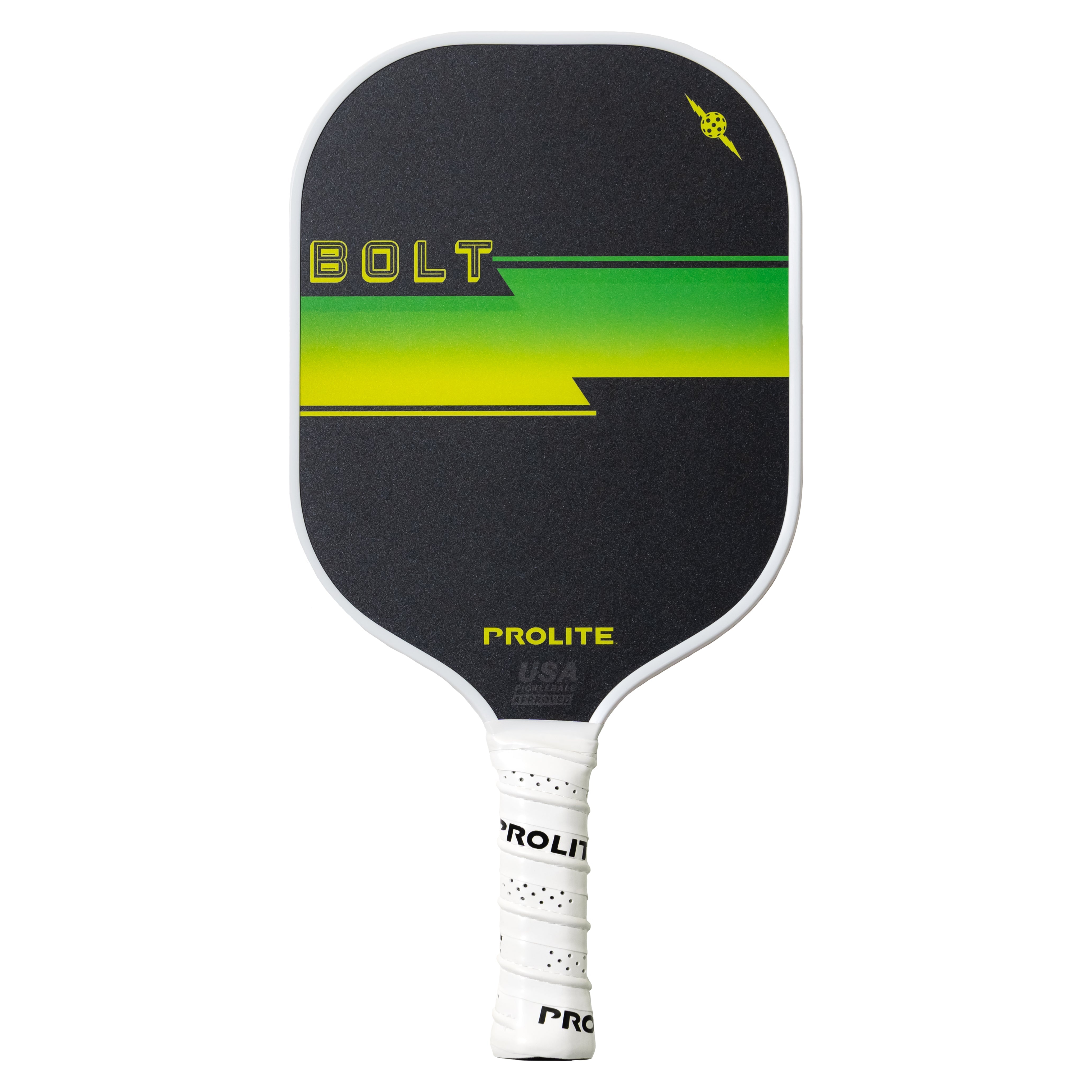 Black and green pickleball paddle with white grip.