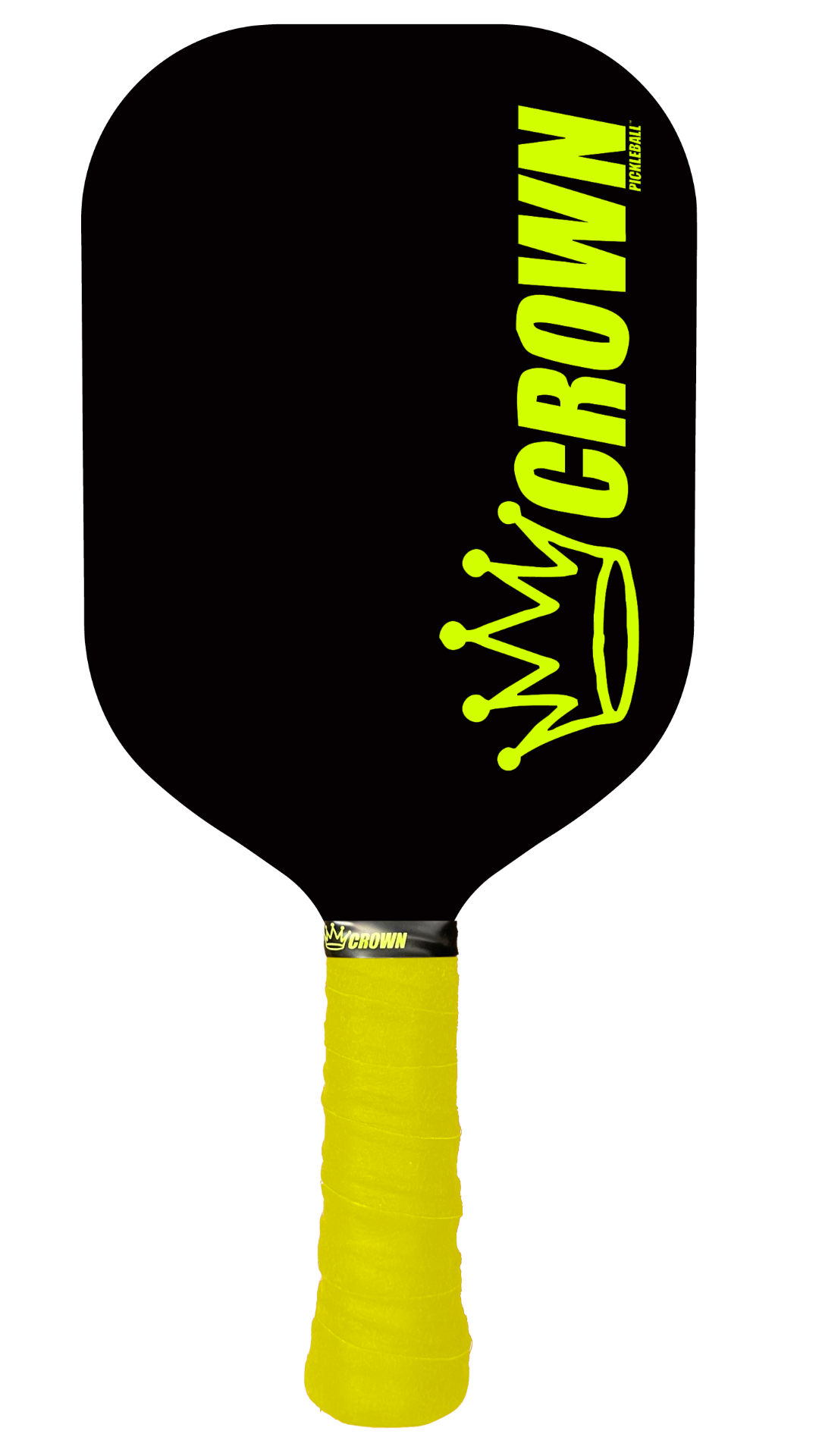 Black pickleball paddle with a yellow crown graphic and handle.

