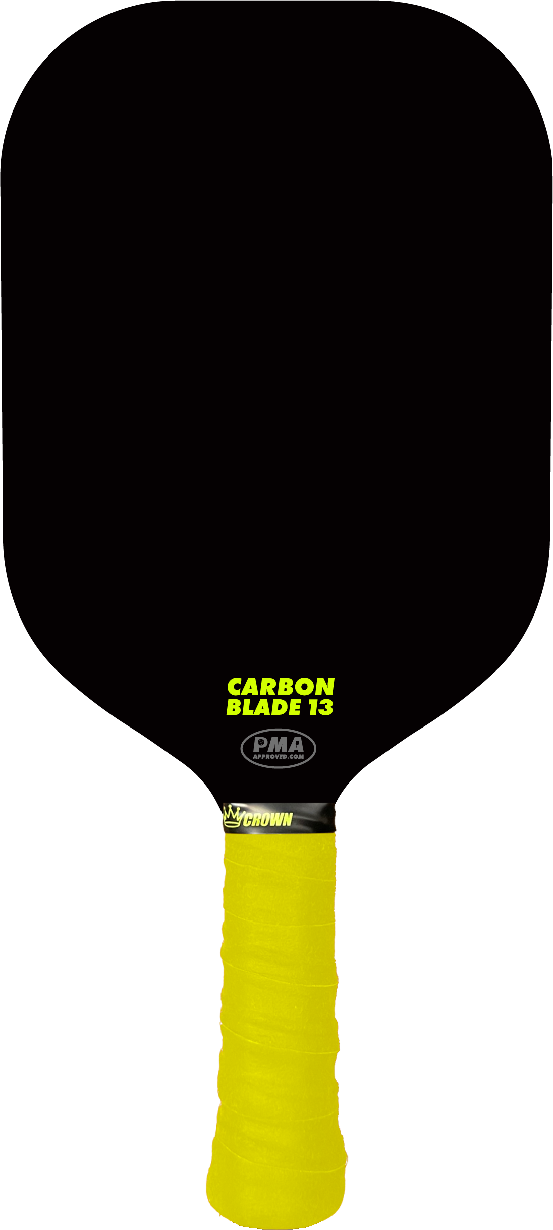 Black pickleball paddle with a yellow grip.