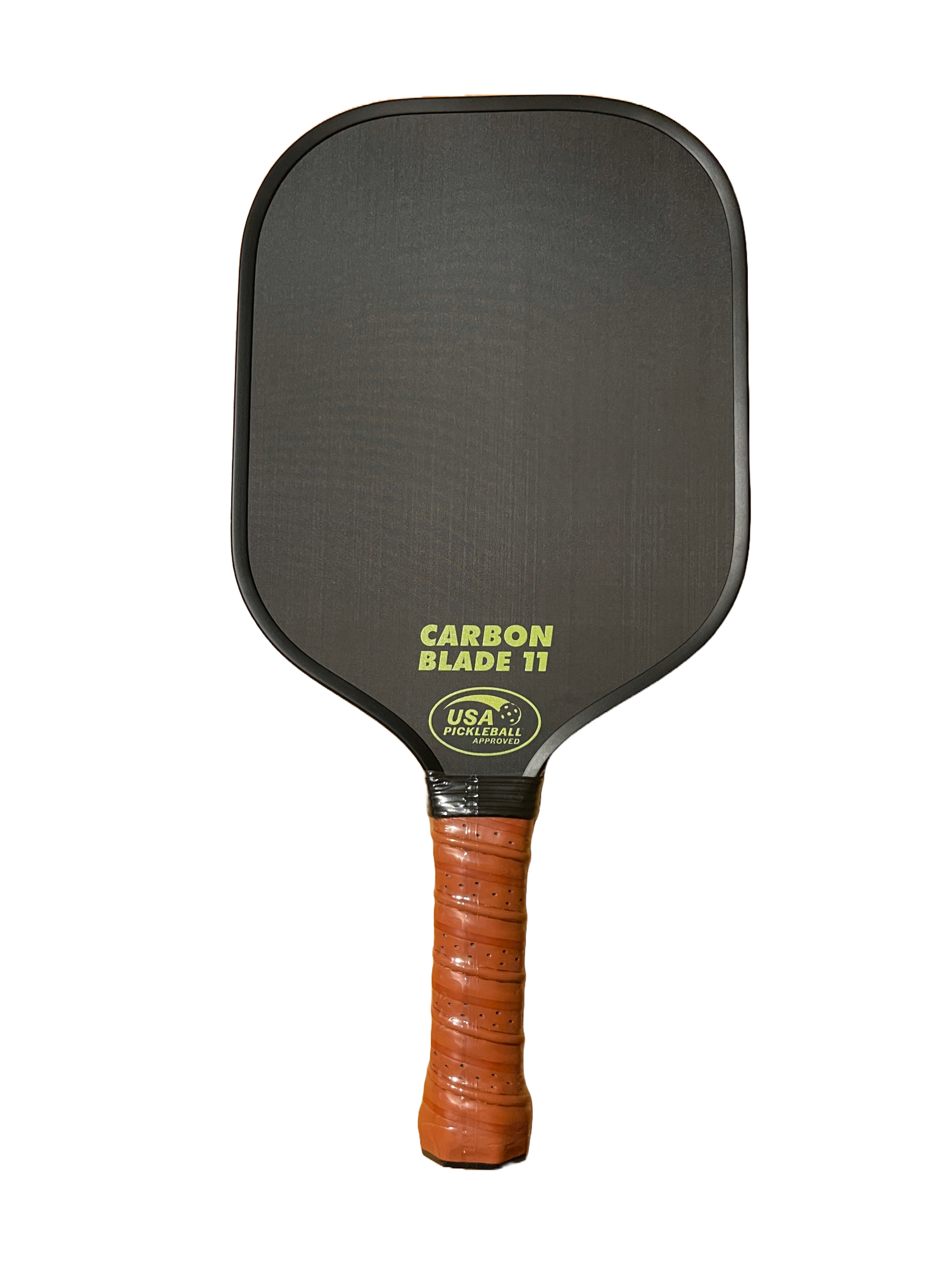 Black and brown pickleball paddle on a black background.