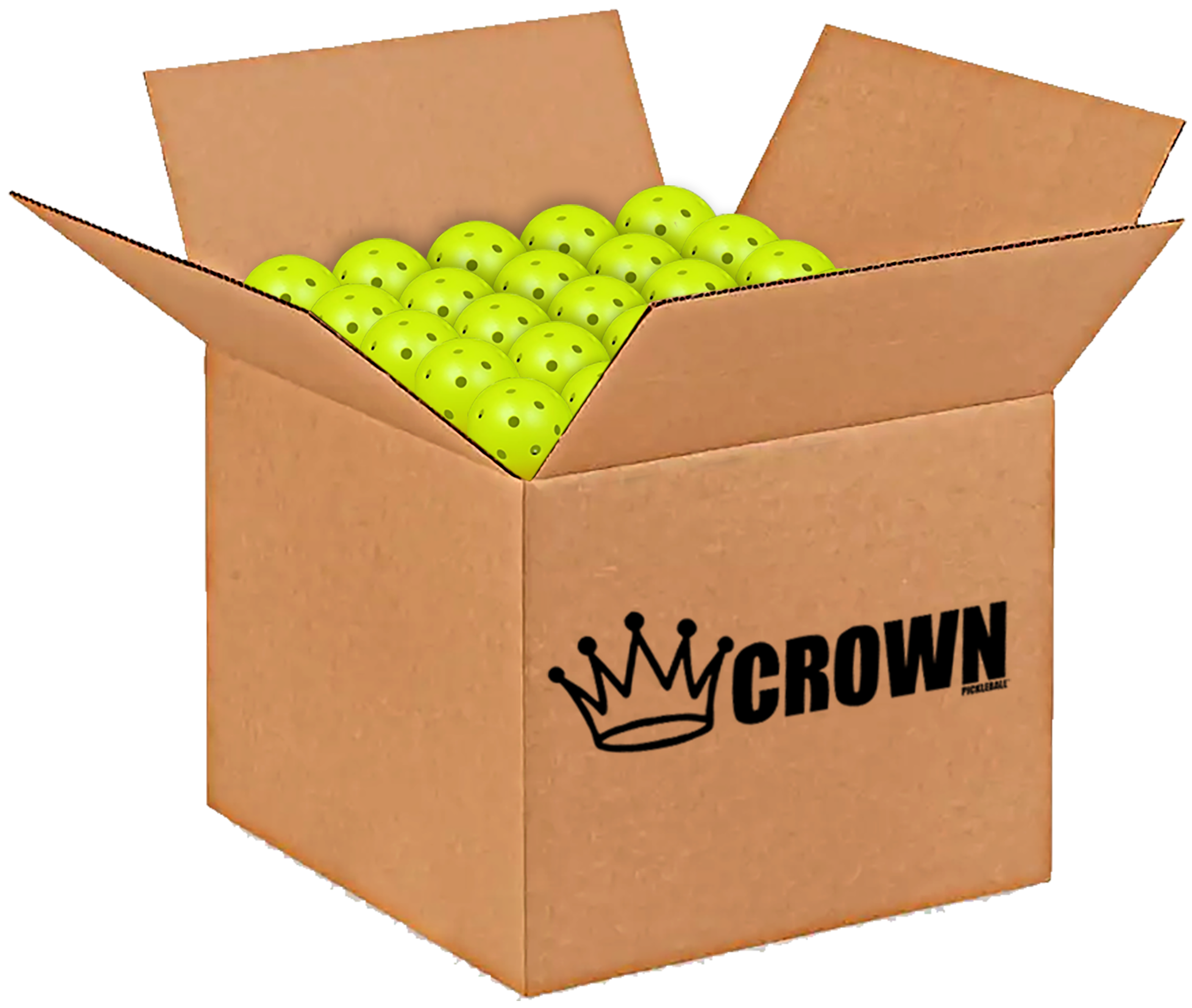 Open cardboard box filled with yellow pickleballs; box has a crown logo.
