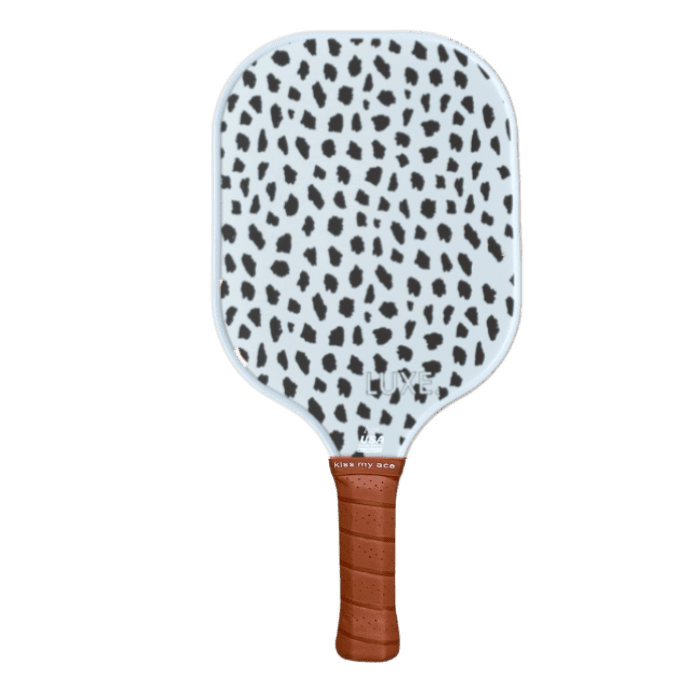 Pickleball paddle with Dalmatian print and brown grip.