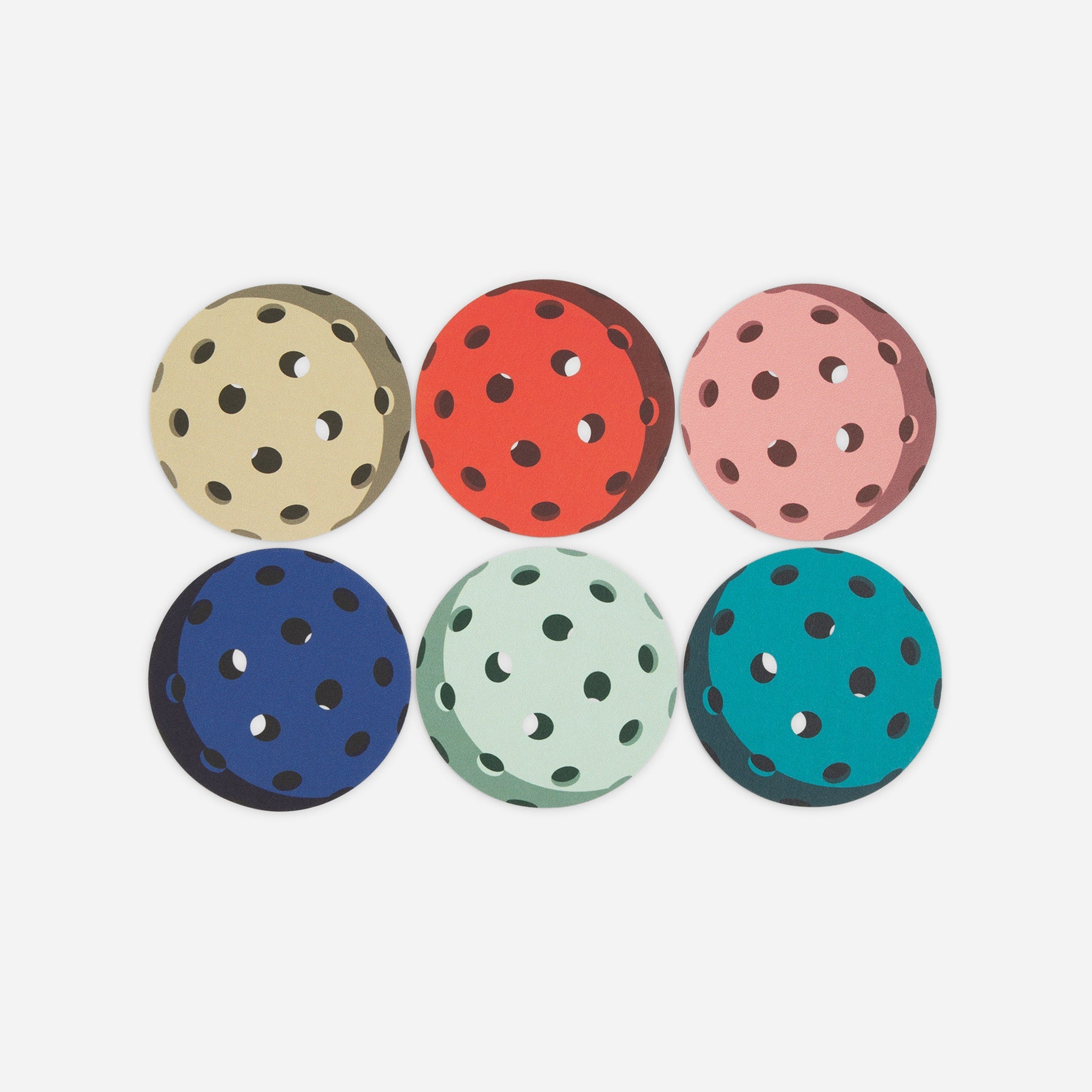 Six pickleballs arranged in a grid of two rows and three columns.