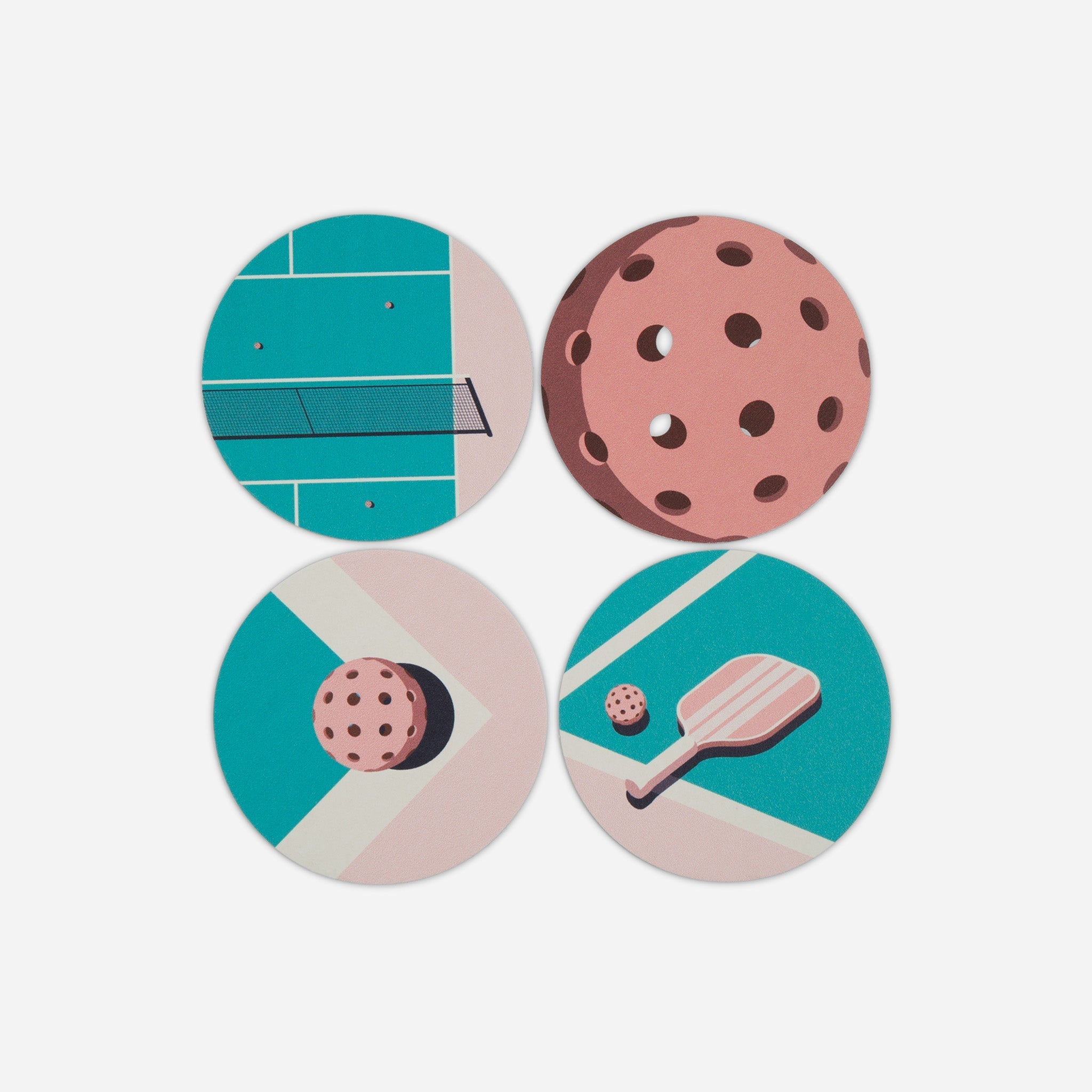 Four round pickleball coasters.