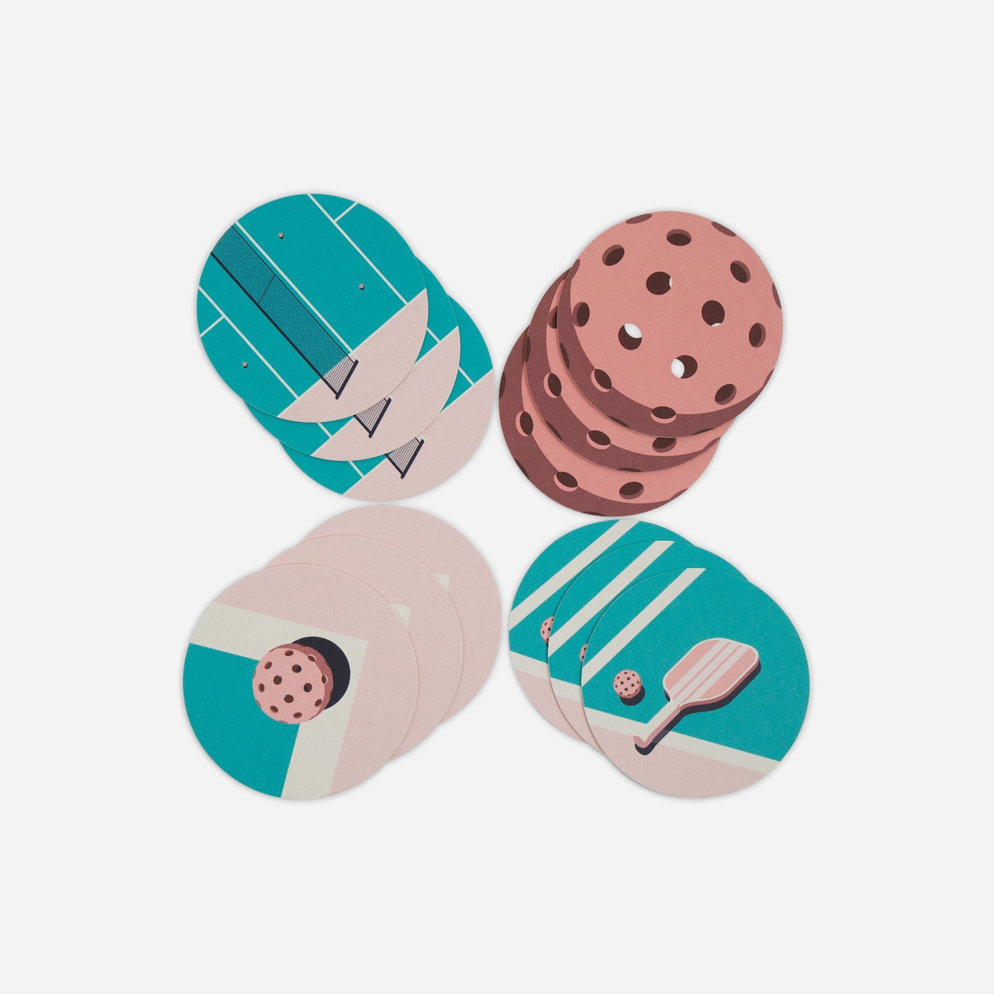 Overhead shot of circular cards with images of pickleball themes, including pickleball courts, pickleball balls, and pickleball paddles.