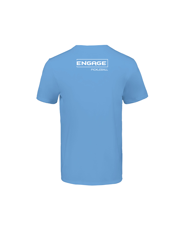 Light blue men's Valor Essential tee by EngagePickleball, back view, featuring a white 'ENGAGE' logo above 'PICKLEBALL' text.