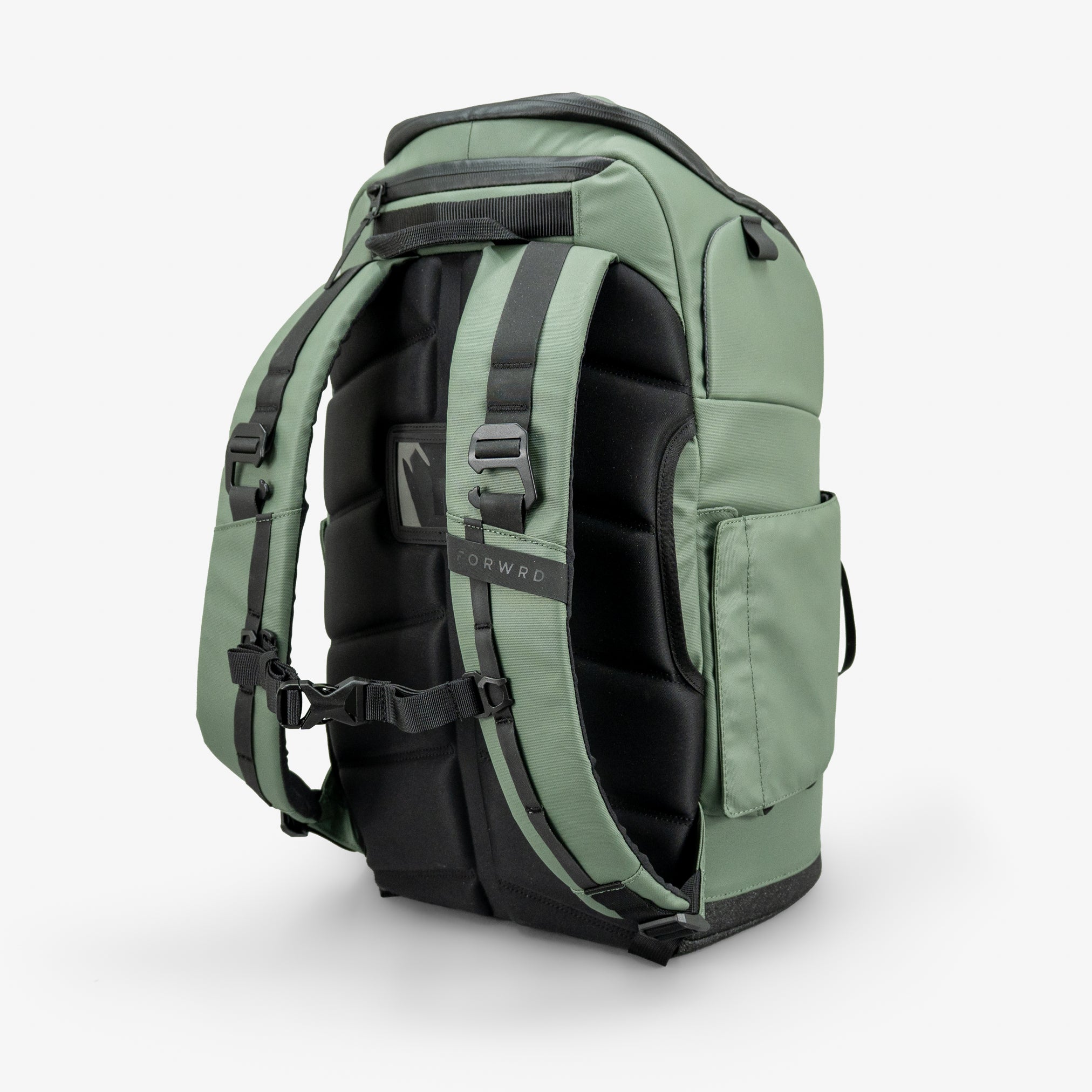 Green and black Court Caddy Pickleball Bag by FORWRD, back view with padded panel, adjustable straps, side pocket, and FORWRD text on strap.