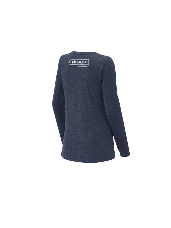 Navy blue heathered women's long sleeve crew by EngagePickleball, back view, with a white "ENGAGE PICKLEBALL" logo.