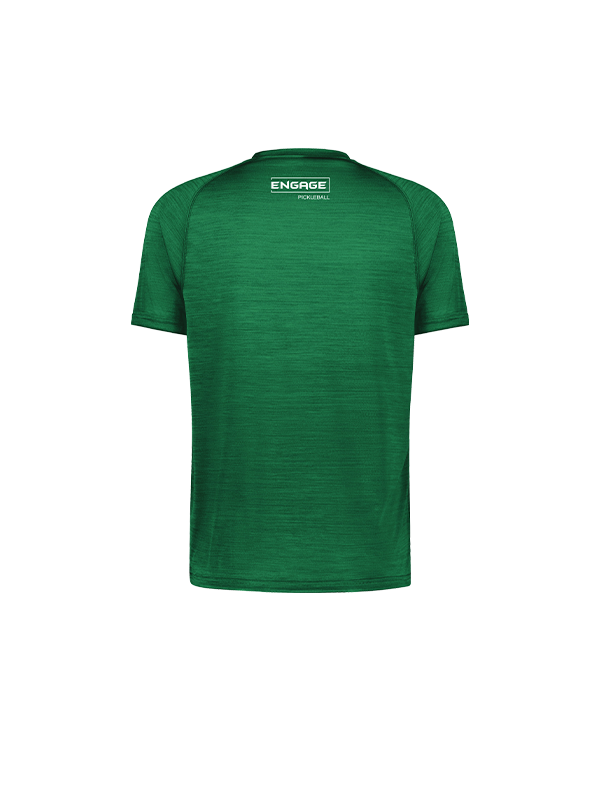 Green men's short-sleeve tee by EngagePickleball with a heathered texture and logo on the upper back, shown from the back.