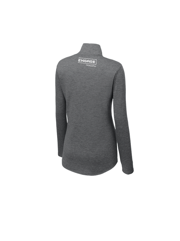 Women's heather grey long-sleeve 1/4-zip pullover by EngagePickleball, with a white text logo on the upper back, shown from a rear angle.