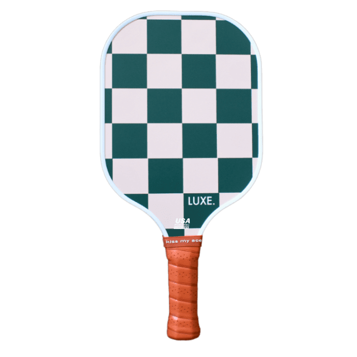 Green and white checkered pickleball paddle with orange grip.