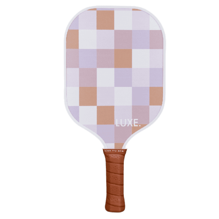 Pickleball paddle with a checkered pattern and brown handle.