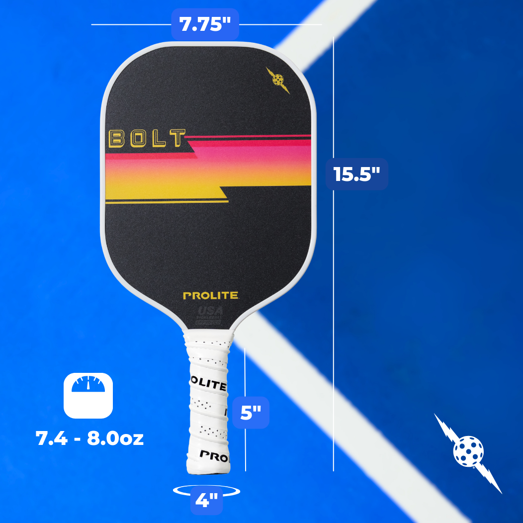 Close-up of a black and white Prolite Bolt pickleball paddle with pink and yellow stripes, against a blue court background with white line markings, showing product dimensions and weight.