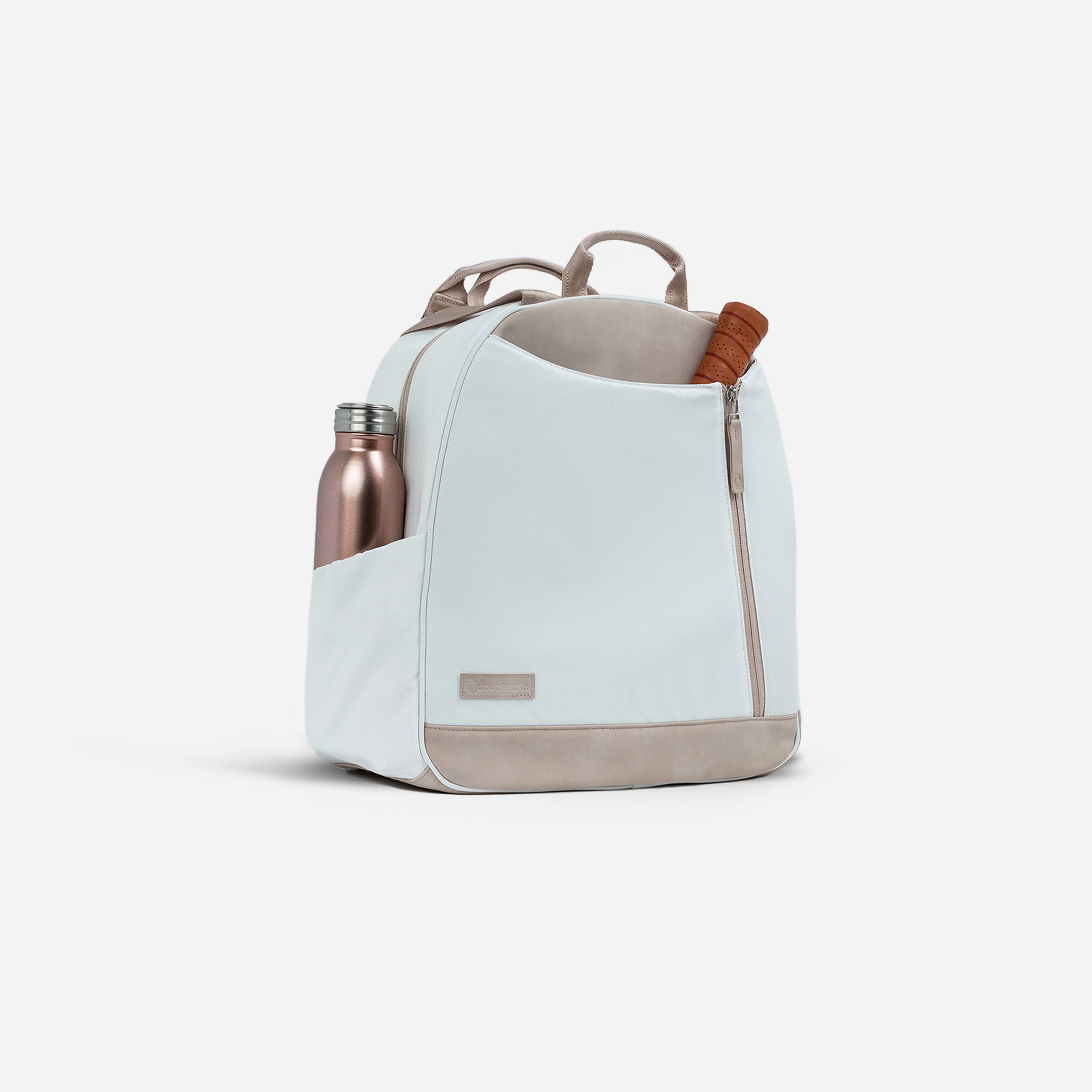 Light-blue backpack with taupe trim and a water bottle in the side pocket.