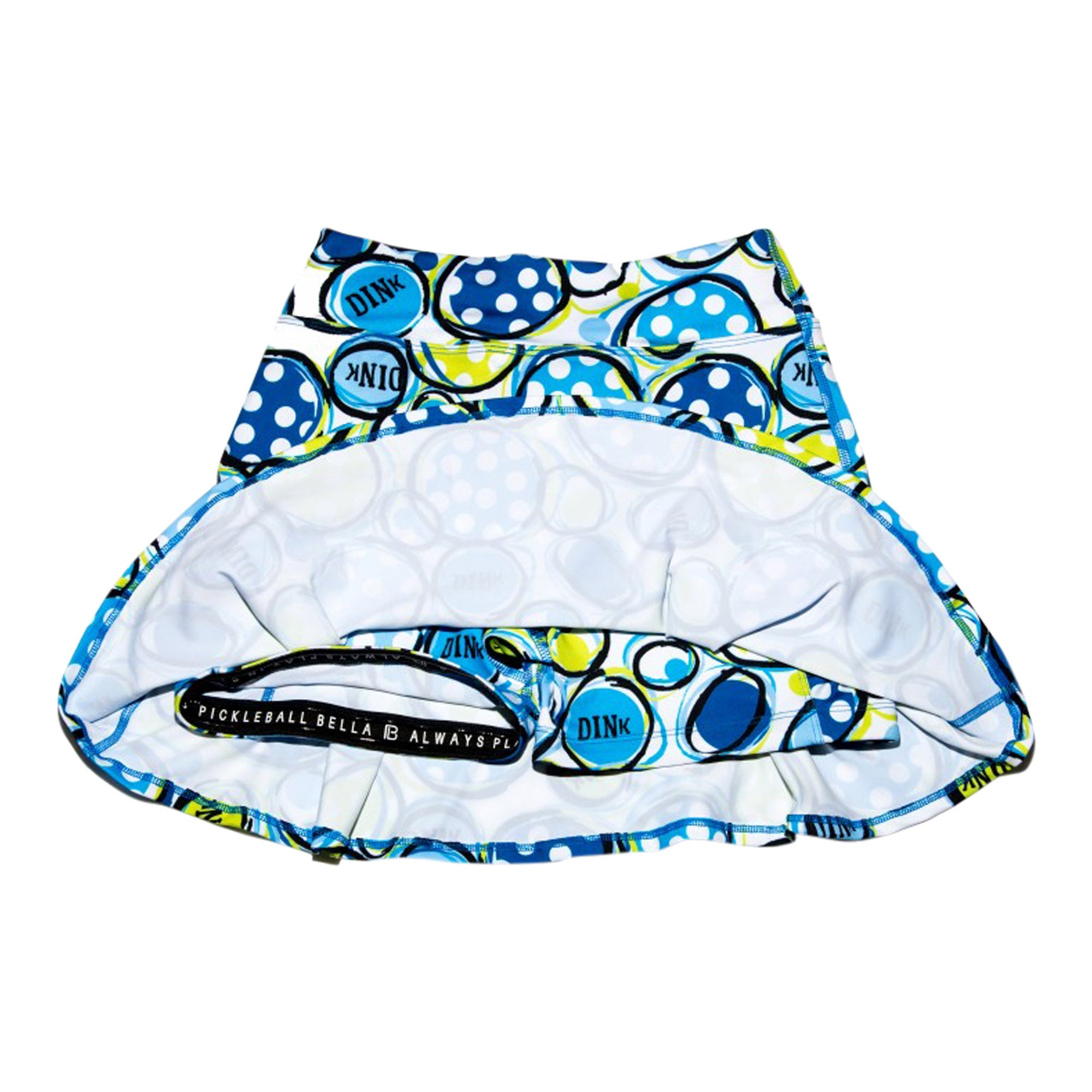Blue, white, and lime green pleated skort by Pickleball Bella, featuring a polka dot 'DINK' bubble pattern and visible black inner shorts.