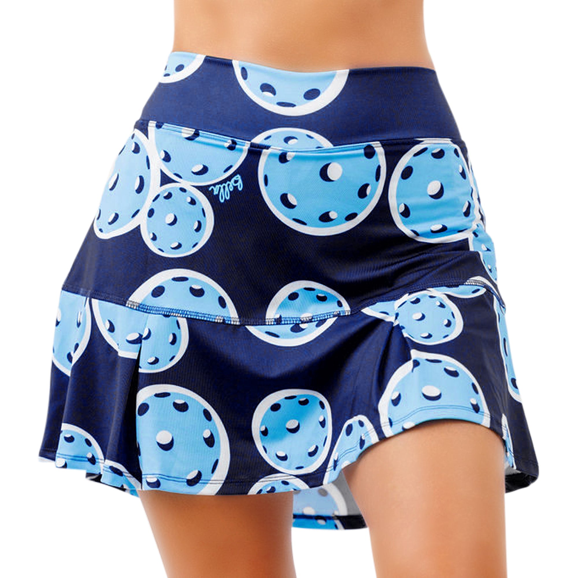 Navy blue pleat skort by Pickleball Bella, featuring a light blue pickleball pattern, drop pleats, and a wide waistband.