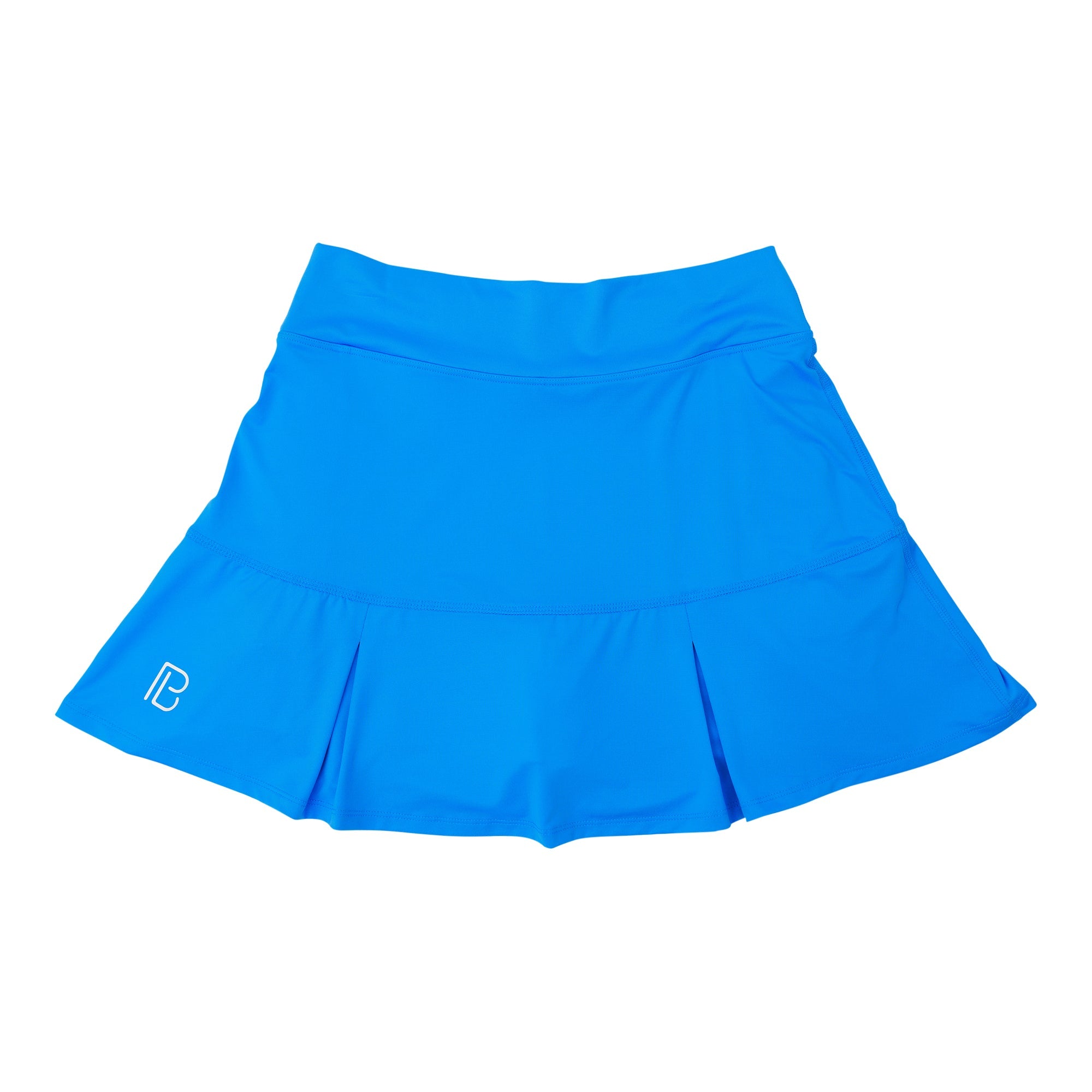 Electric blue pleat skort by Pickleball Bella with drop pleats and a white B logo.