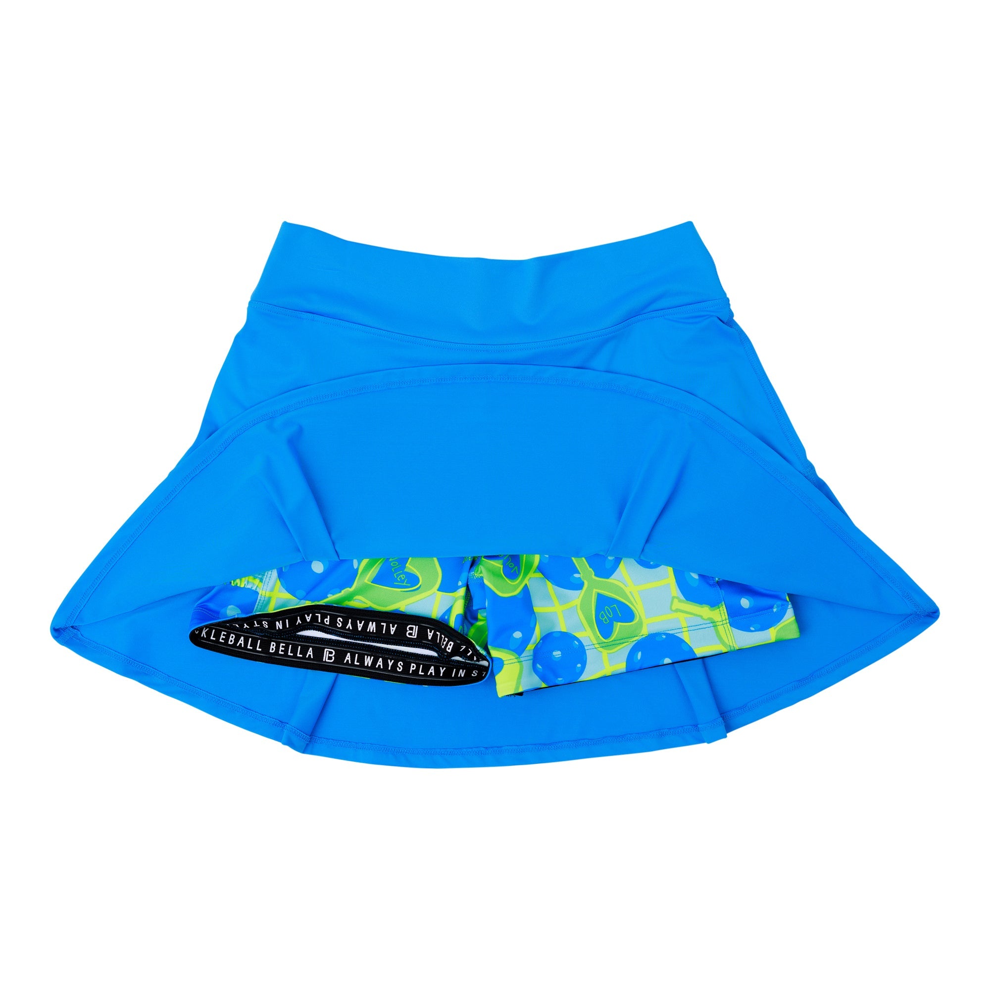Electric blue pleat skort by Pickleball Bella, showcasing patterned inner shorts with a branded black waistband.