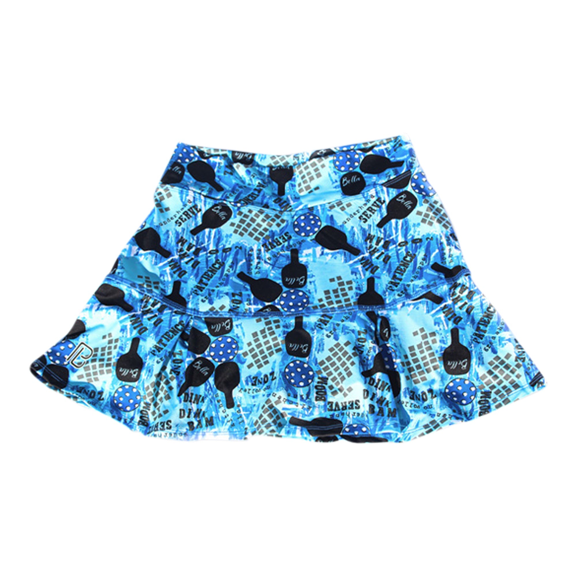 Blue patterned pleat skort by Pickleball Bella with a graffiti print of pickleball paddles, balls, and phrases, featuring a ruffled hem.