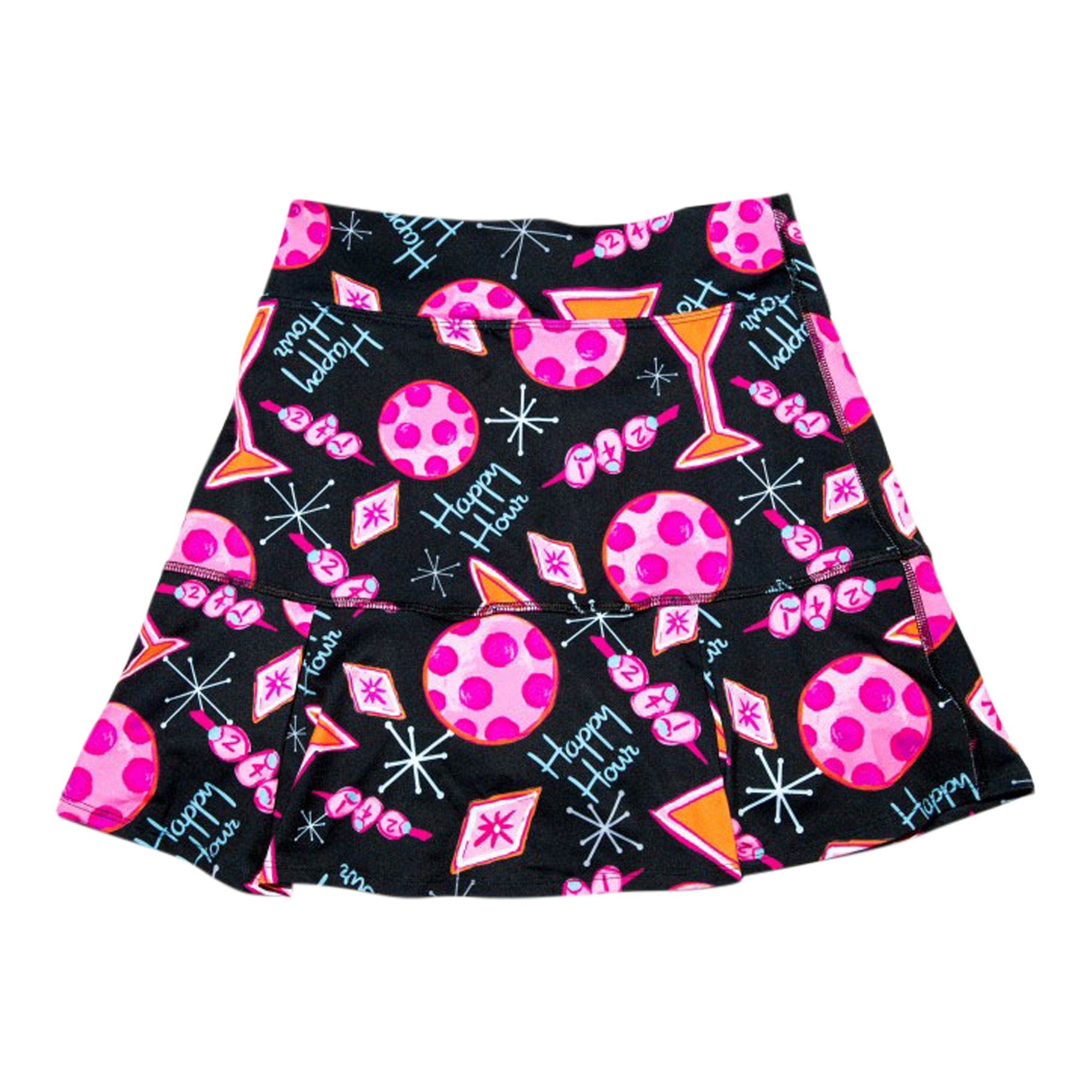Black Drop Pleat Skort by Pickleball Bella with a playful "Happy Hour" pattern of pink polka dots, martini glasses, and starbursts.
