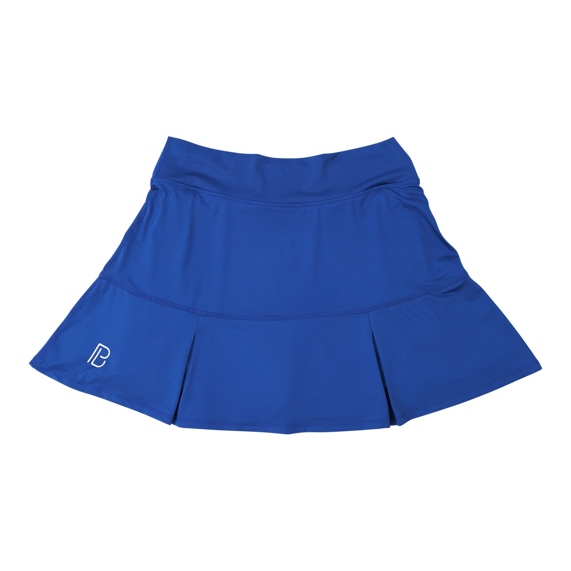Royal blue drop pleat skort by Pickleball Bella featuring a white 'B' logo on the left hem.