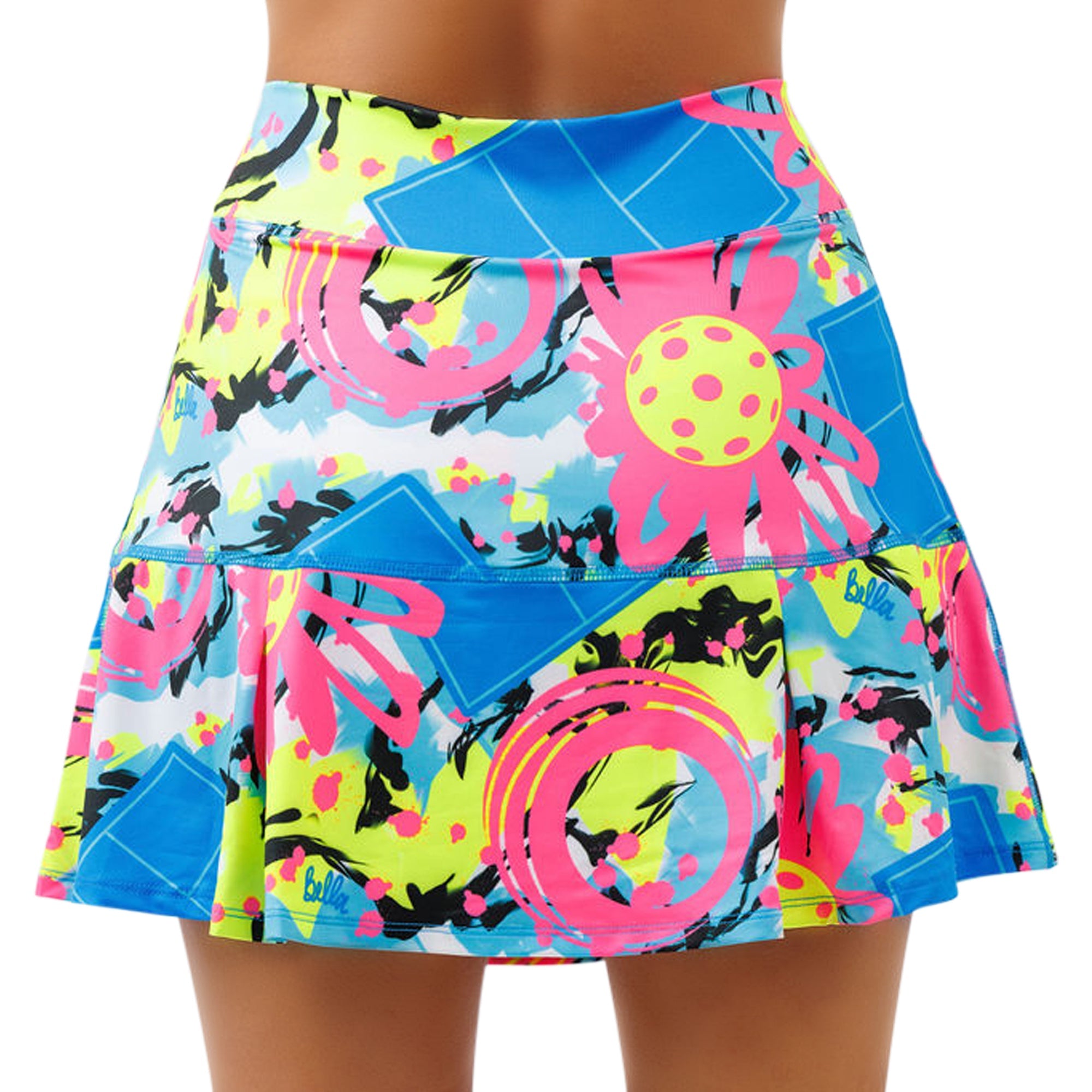 Vibrant abstract print drop pleat skort by Pickleball Bella, featuring pickleball and court graphics.