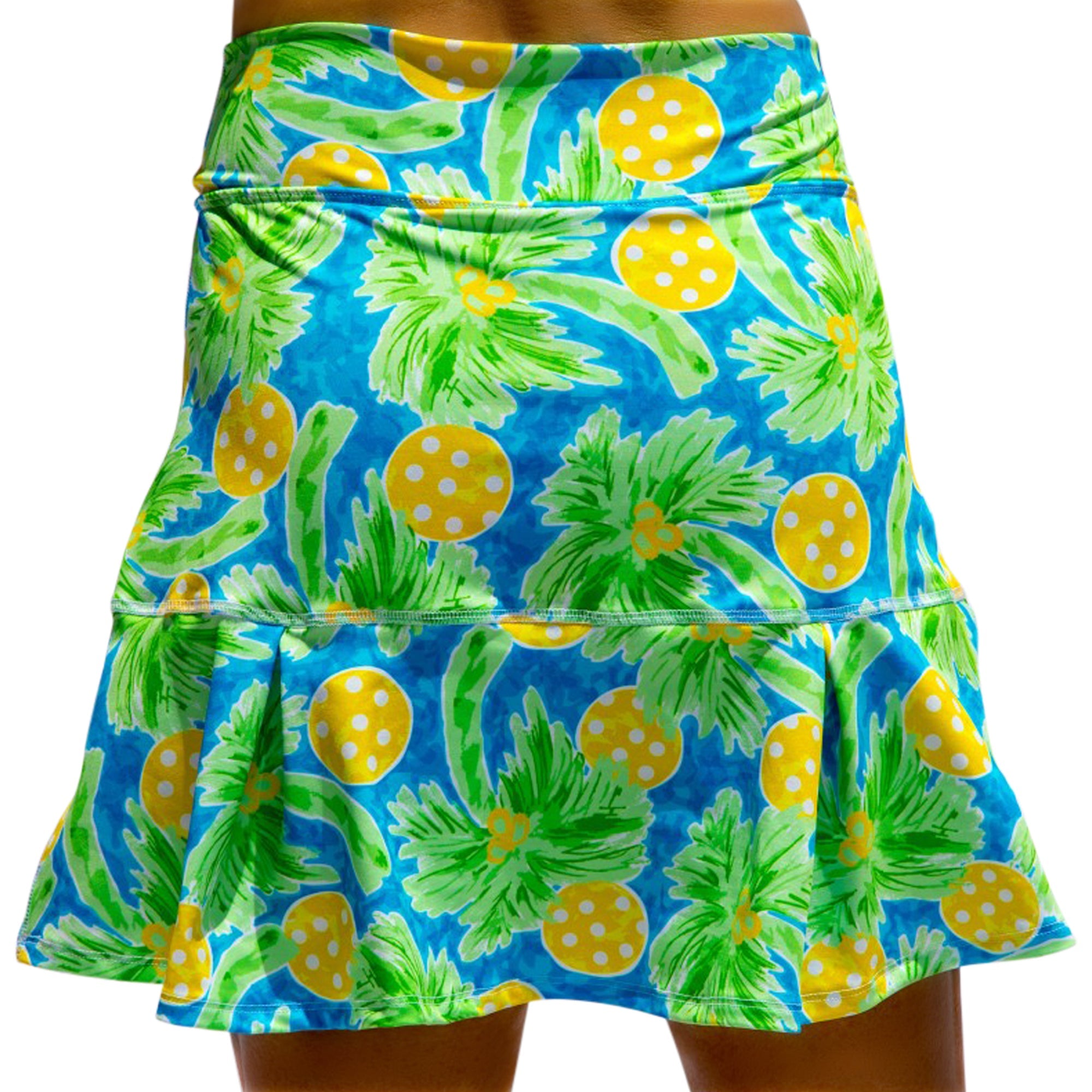 Tropical blue and green drop pleat skort by Pickleball Bella, with yellow polka-dot circles.