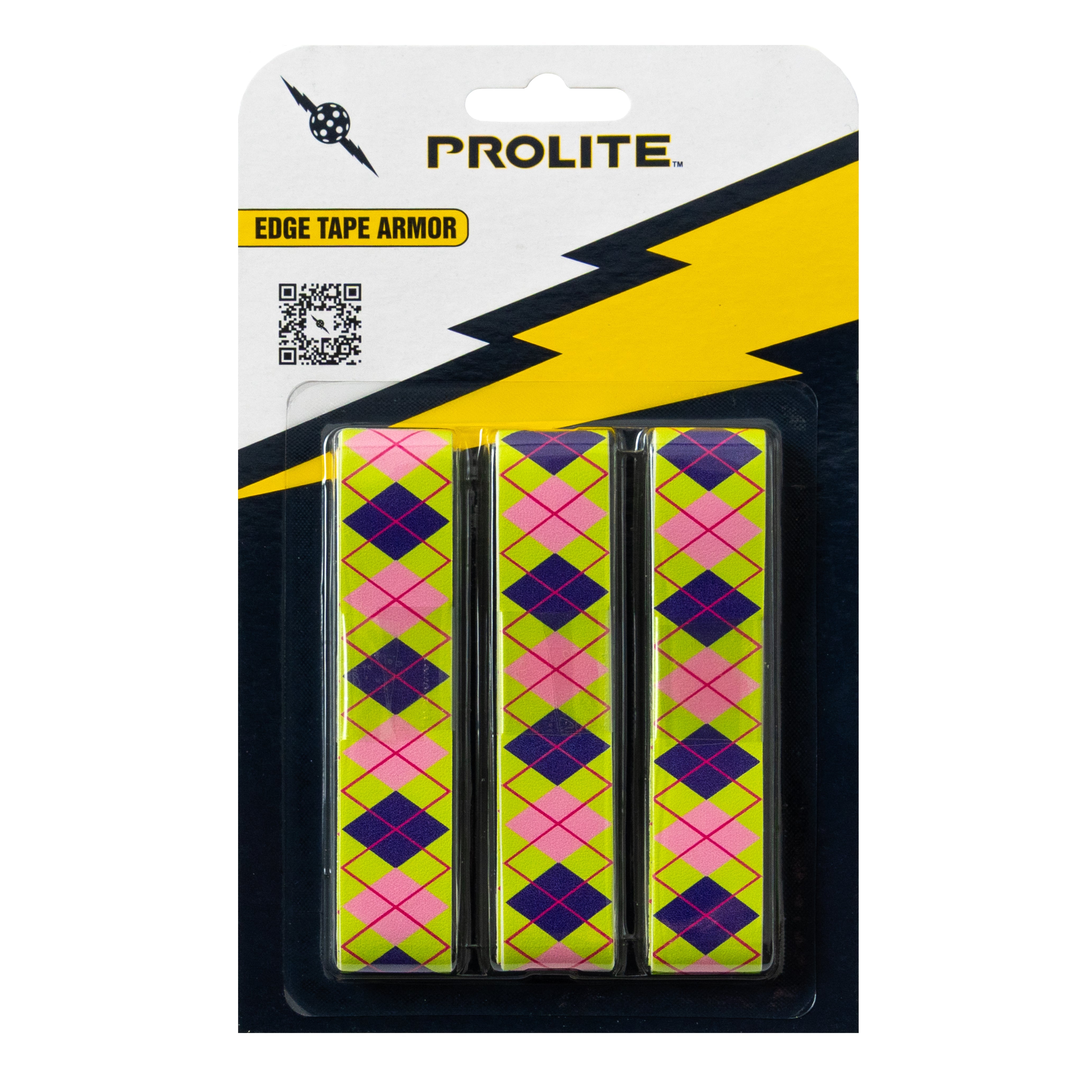 ProLite edge tape armor in packaging, showcasing an argyle design in green, pink, and purple.