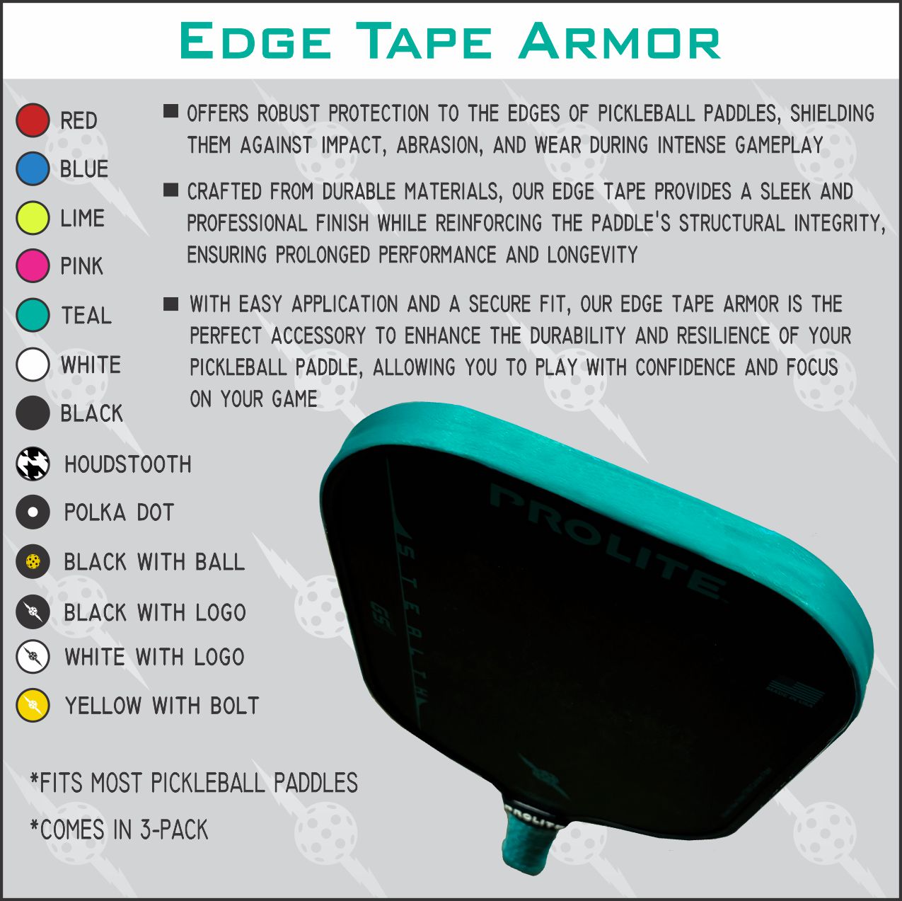 Image promoting "Edge Tape Armor" for pickleball paddles, highlighting color options, features like impact protection and easy application, and paddle compatibility.