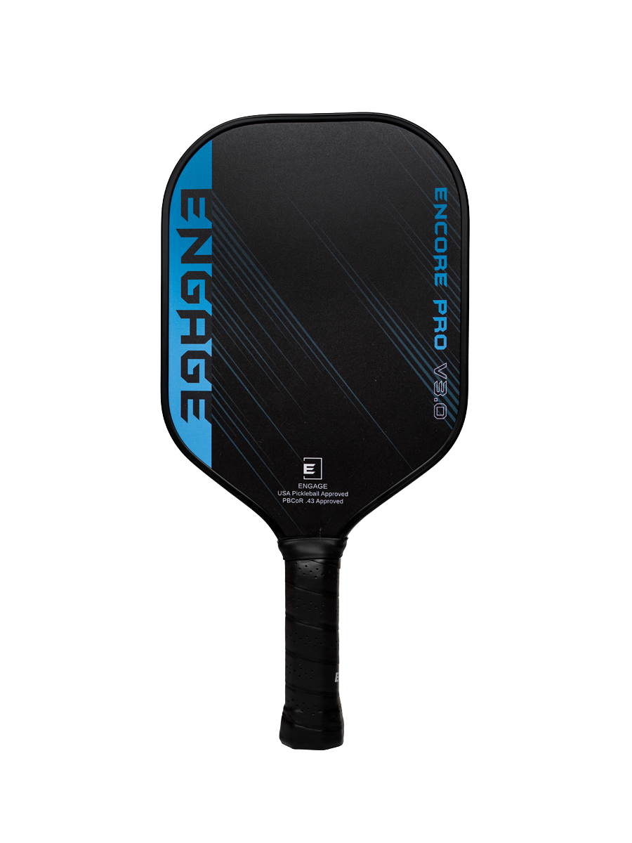 Black pickleball paddle with blue accents by EngagePickleball, displaying 'ENGAGE' and 'ENCORE PRO V3.0' text and a textured black grip.