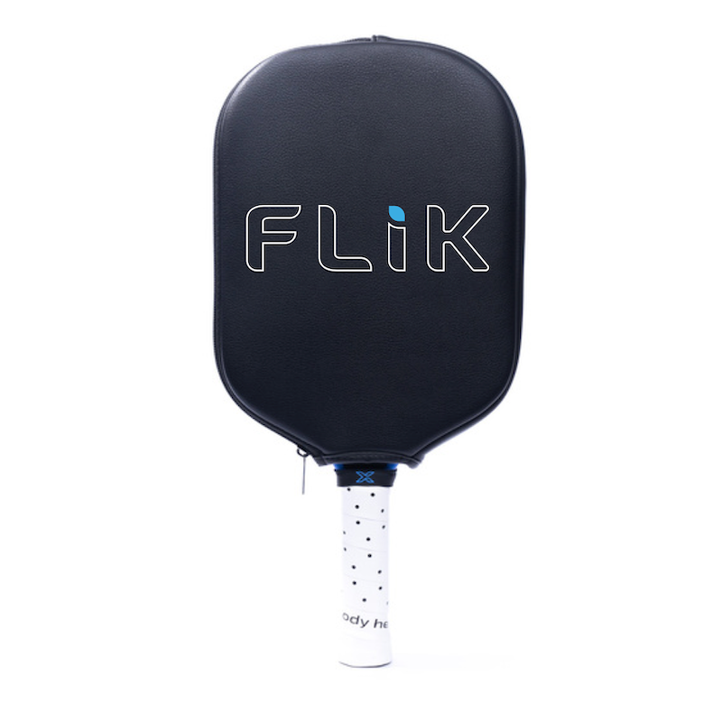Black pickleball paddle with "FLIK" logo and white grip.