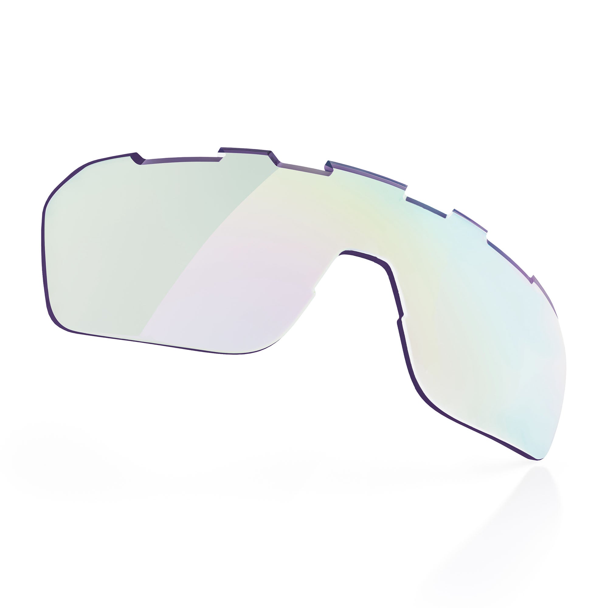 Goggle lens with a purple frame.