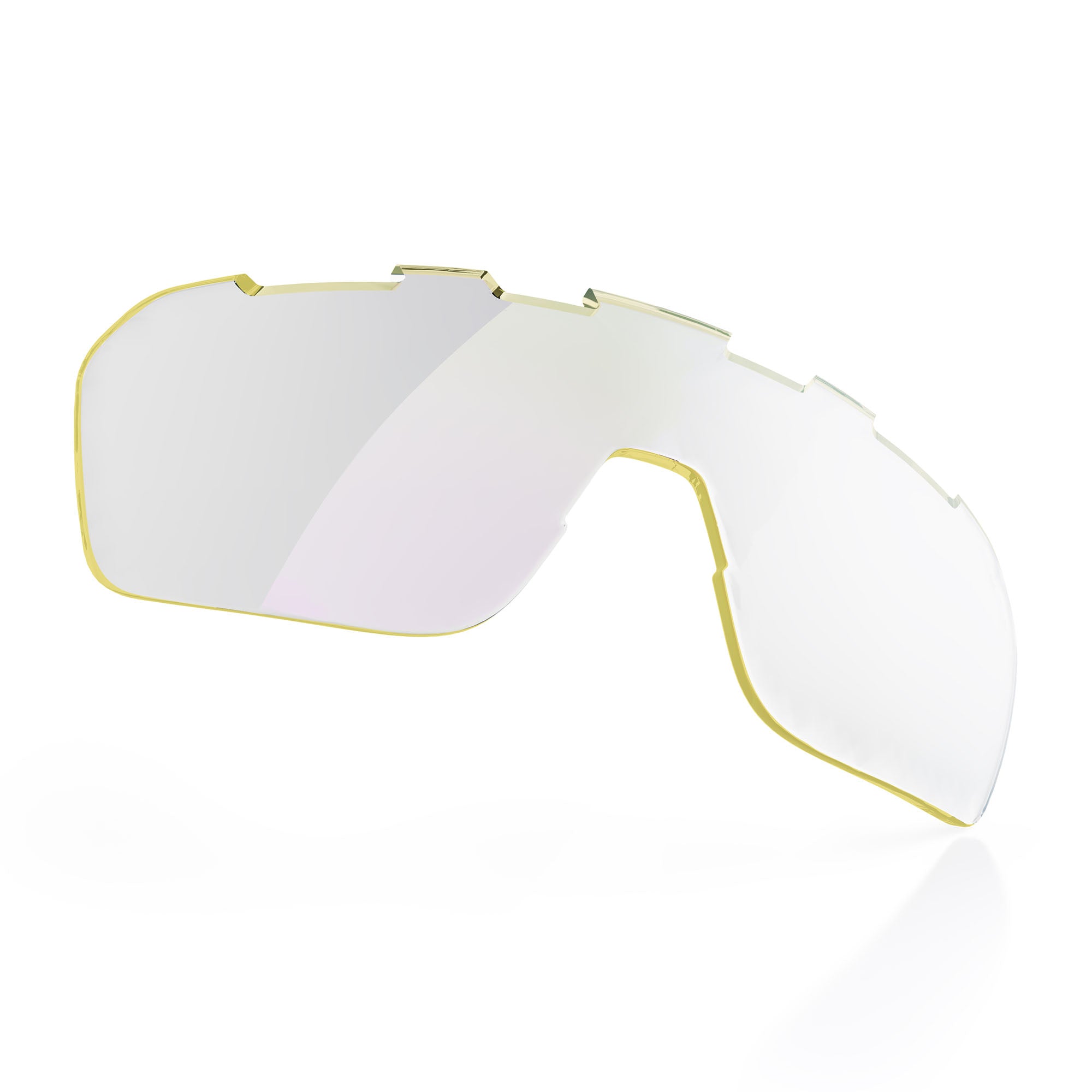 Clear curved additional lens by BRIOTI with a yellow rim and top notches, showing a subtle reflection.